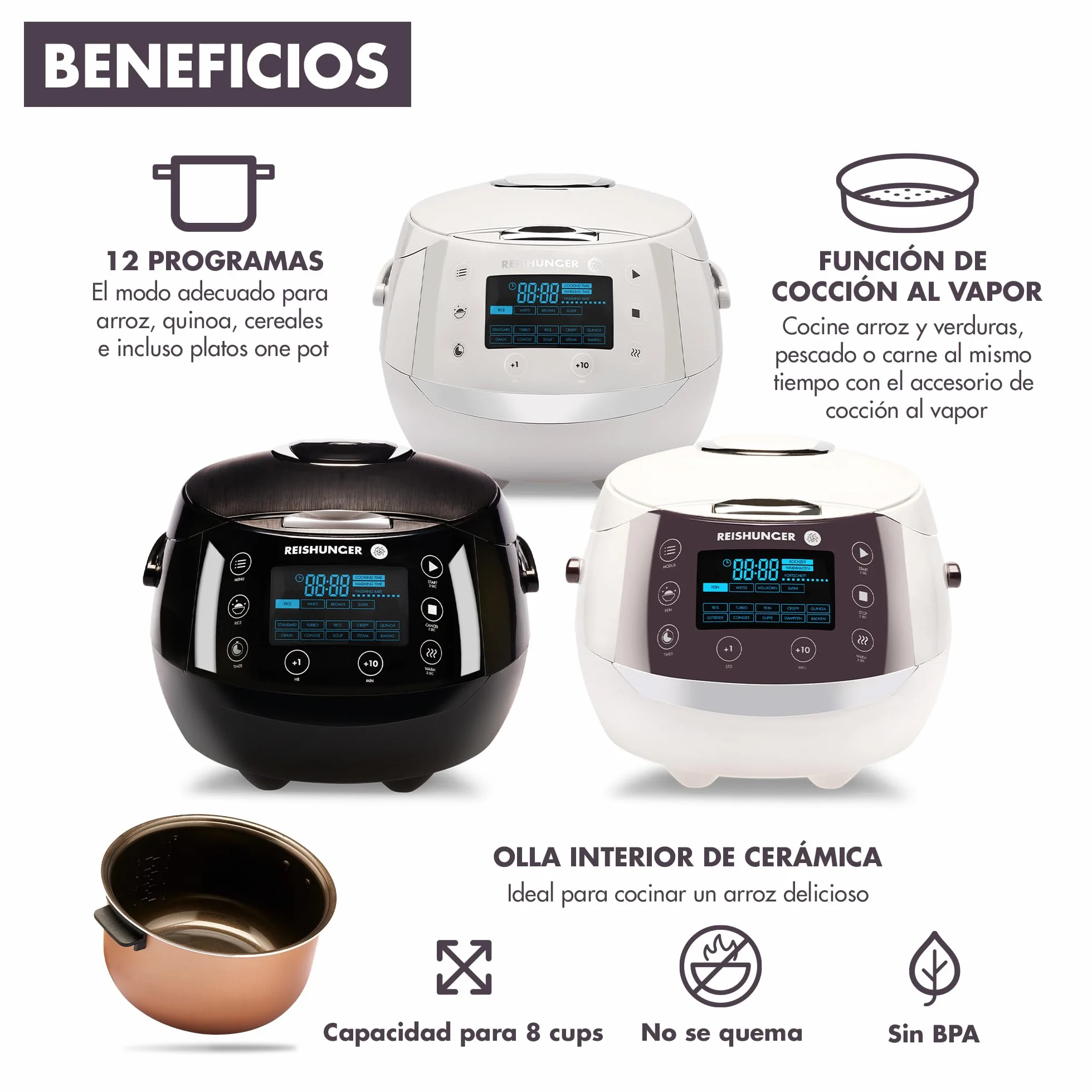 REISHUNGER Olla Arrocera Eléctrica y Vaporera – 1,5 L – Gris | hasta 8 personas – Temporizador y recipiente interior Premium – Olla multifunción, 12 programas, tecnología de 7 fases