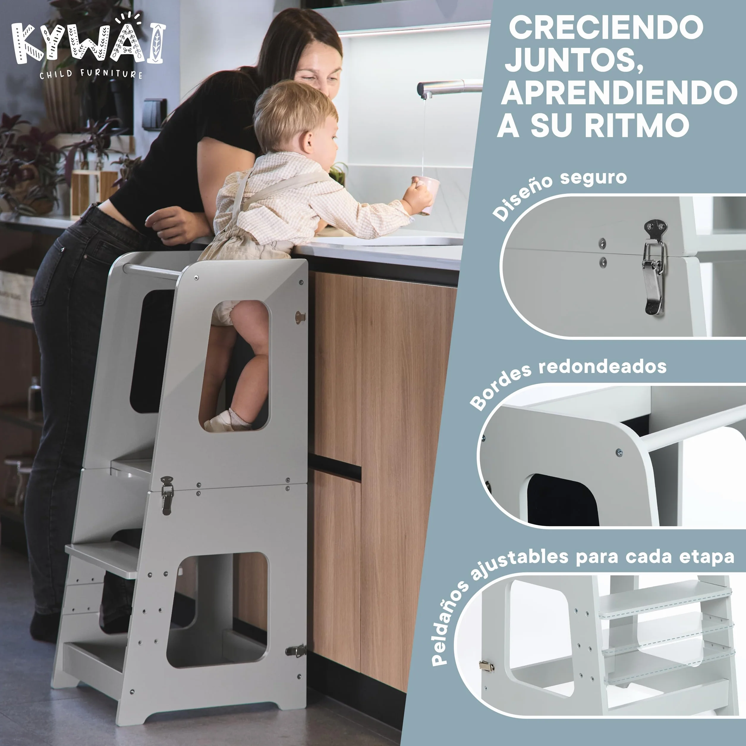 Torre de Aprendizaje Plegable Madera Premium 3 en 1 Convertible Mesa y Silla Escalón Ajustable Gris Perla