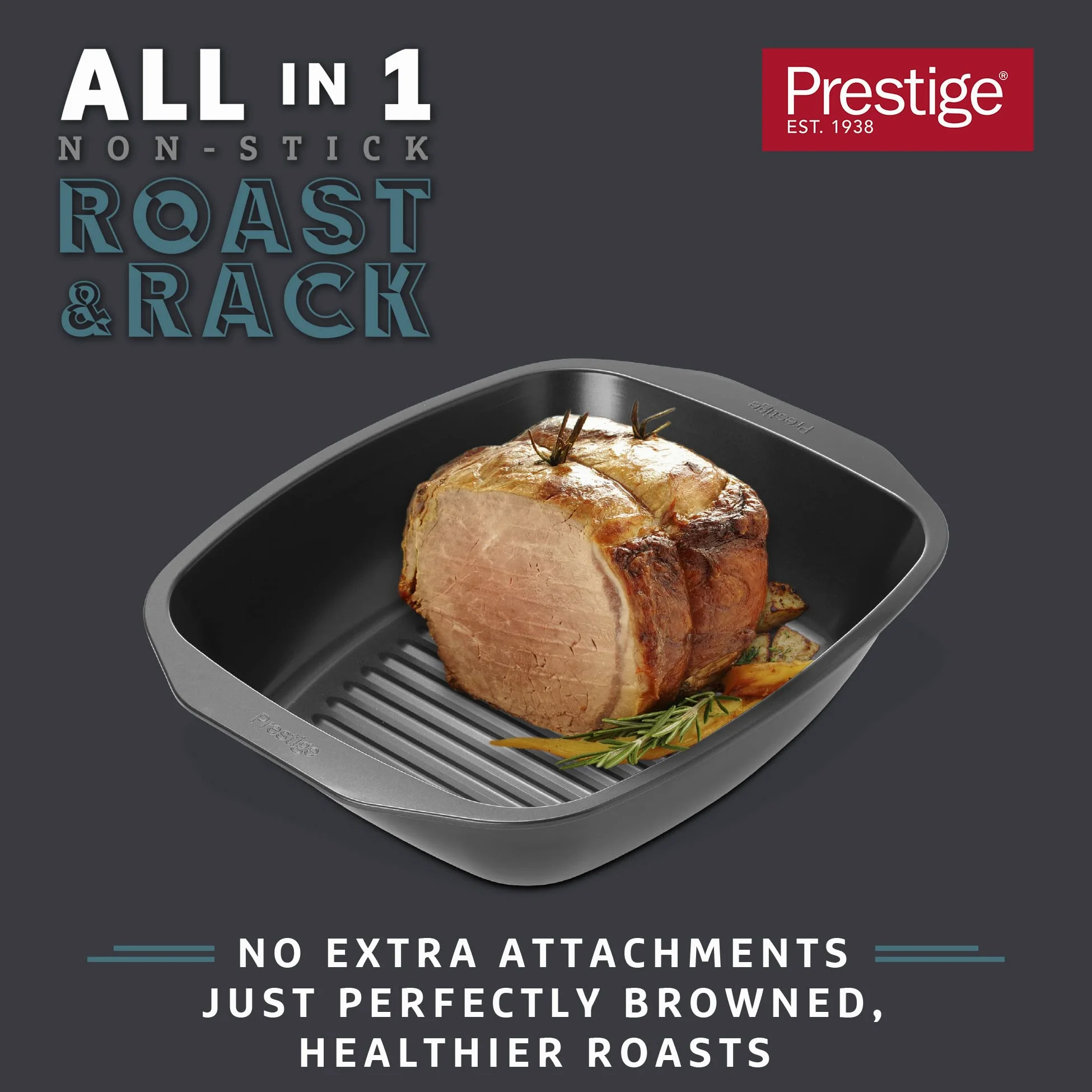 Prestige Bandeja para asar grande – Bandeja antiadherente para hornear con bandeja integral para asar 42 x 34,5 x 9 cm, acero al carbono de calibre pesado y bandeja de horno apta para lavavajillas