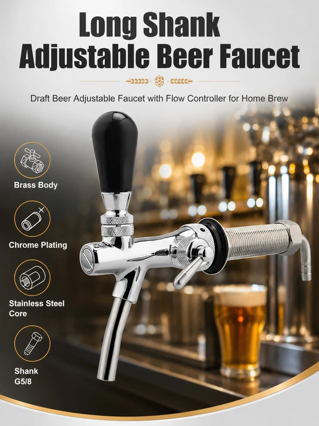 VOBOR Grifo de Barril de Cerveza Ajustable, Rosca G5/8, Válvula de Control de Flujo, Acero Inoxidable Cromado, Mango Negro, para Hogar, Hoteles, Bares y Restaurantes