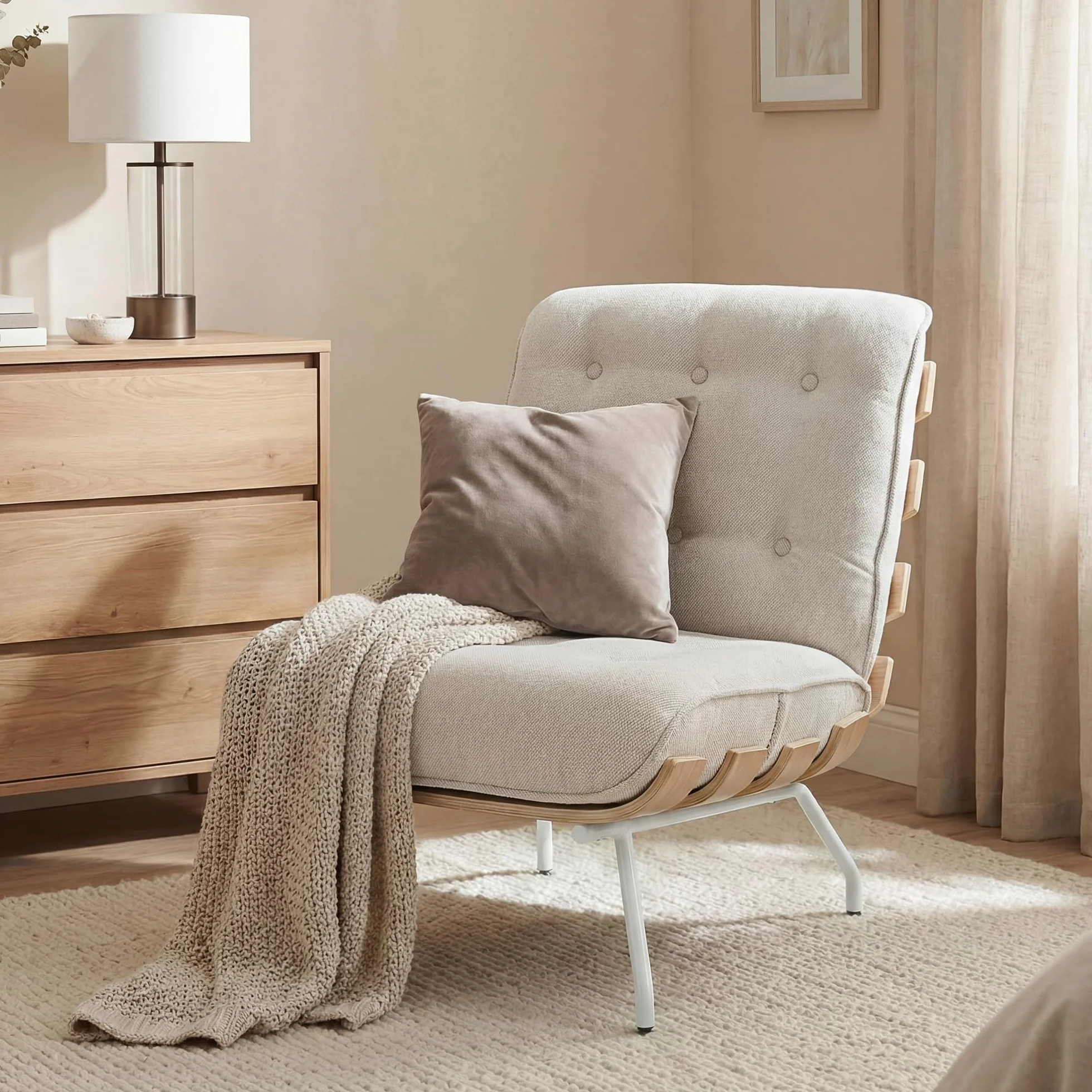 HOMCOM Butaca de Salón, Tapizado en Lino, Sillón Lectura con Asiento Acolchado, Soporte con Listones, Estructura de Acero, Butaca para Sala de Estar, Dormitorio, Crema