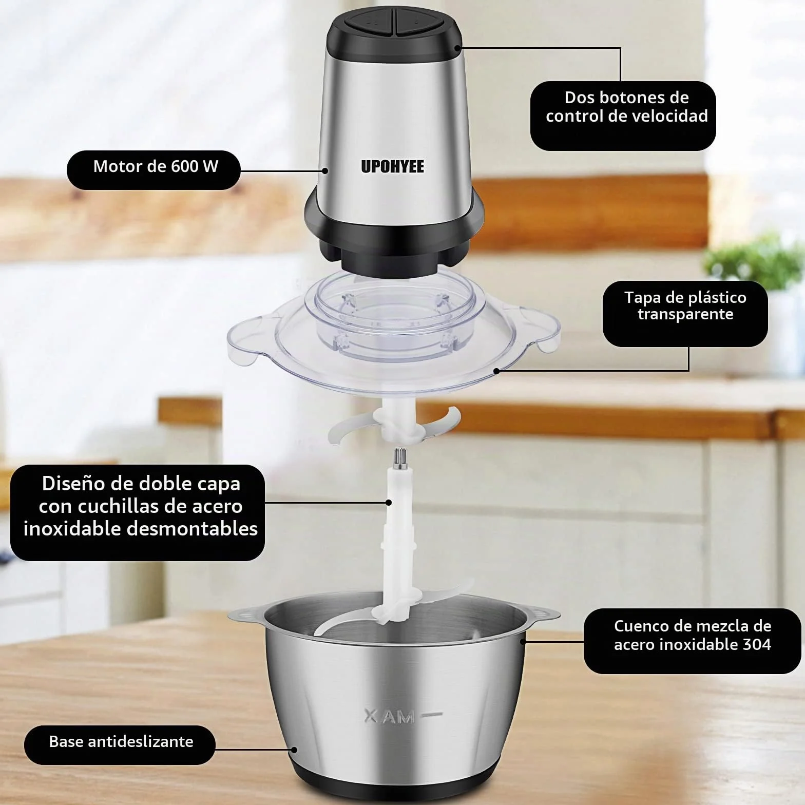 Picadora Eléctrica de Alimentos 600W y Capacidad 2L Trituradora de Alimentos 4 Cuchillas Acero Inoxidable Picadora de Carne 2 Velocidades para Frutas Verduras Carne Especias