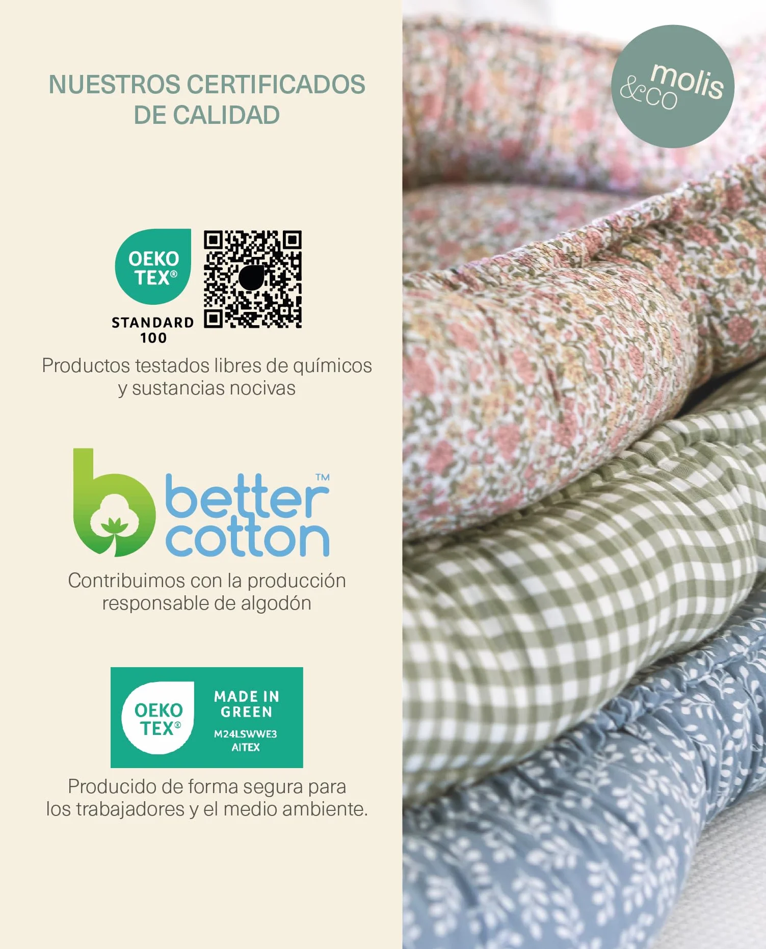 molis&co. Nido de Bebé 90 x 50 cm. Reductor de Cuna o Nido de Colecho para Bebe. Algodón. Cuna Portátil o de Viaje para recién Nacido. Mint Tea. Oeko-Tex 100.