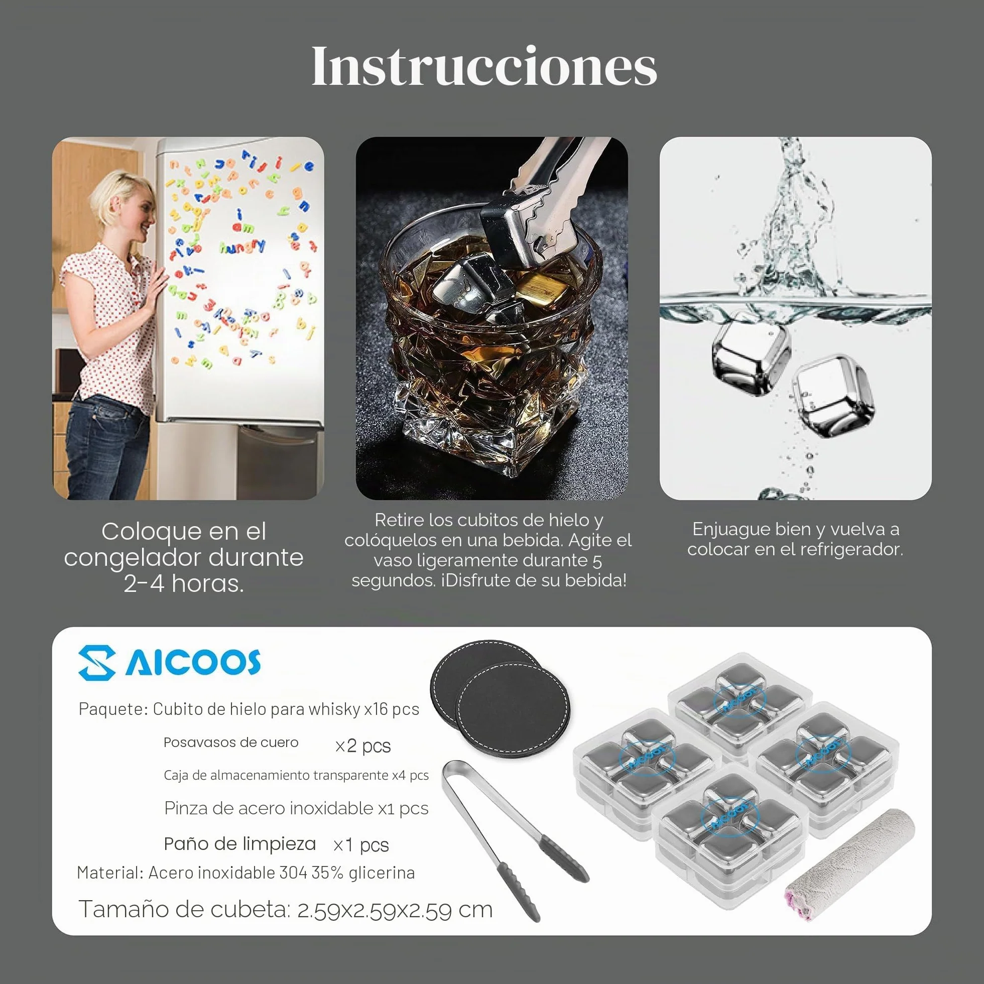 16Piezas Cubitos Hielo Reutilizables - Cubitos de Hielos Acero Inoxidable, Metal Whiskey Ice Cubes Para Regalos de Día Del Padre Para Papás Hombres y Esposos