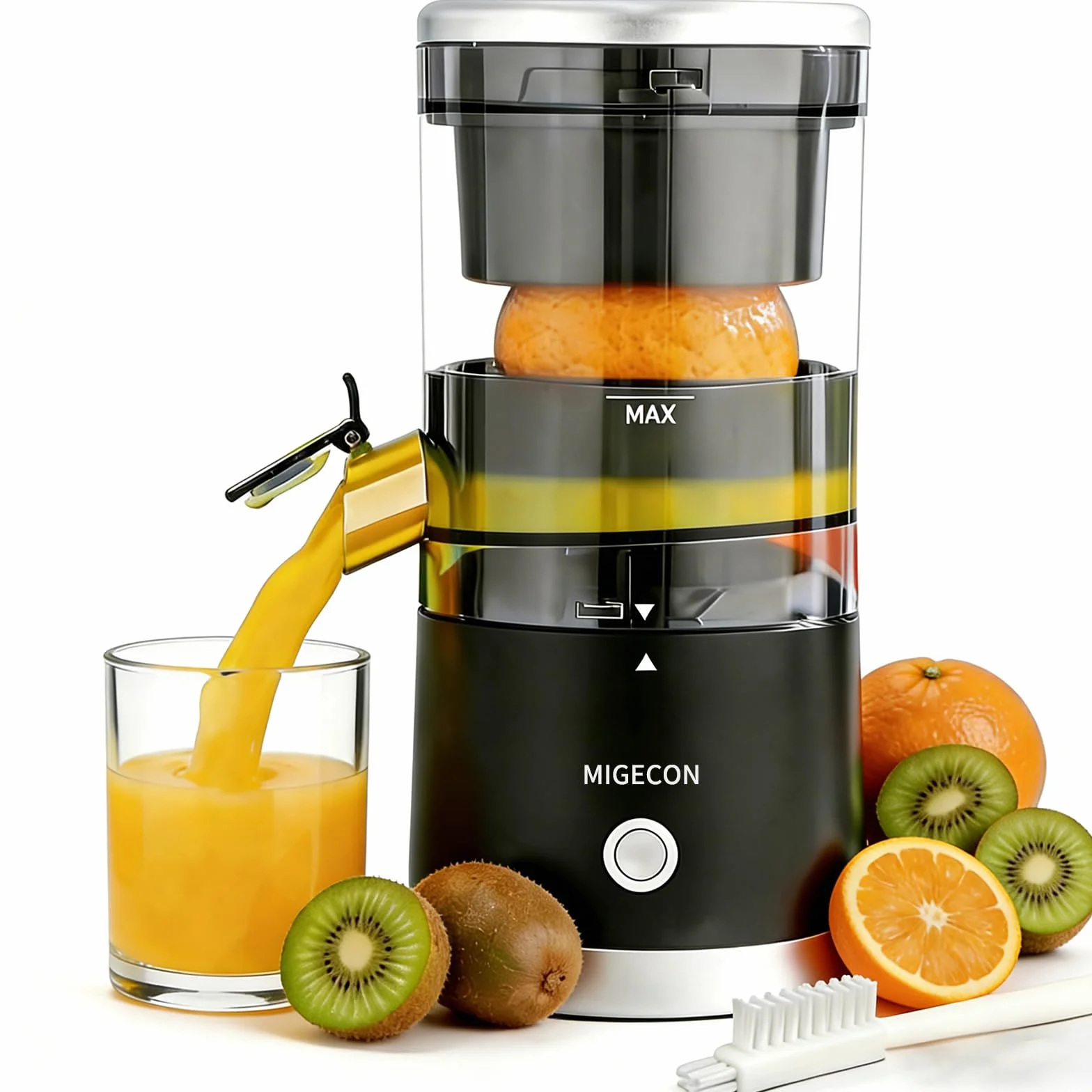 MIGECON Exprimidor Eléctrico de Naranjas, Batería portátil, Diseño a Drueba de Goteras, Adecuado para Frutas Cítricas, con USB y Cepillo de Limpieza, Desmontable, 45W, Negro