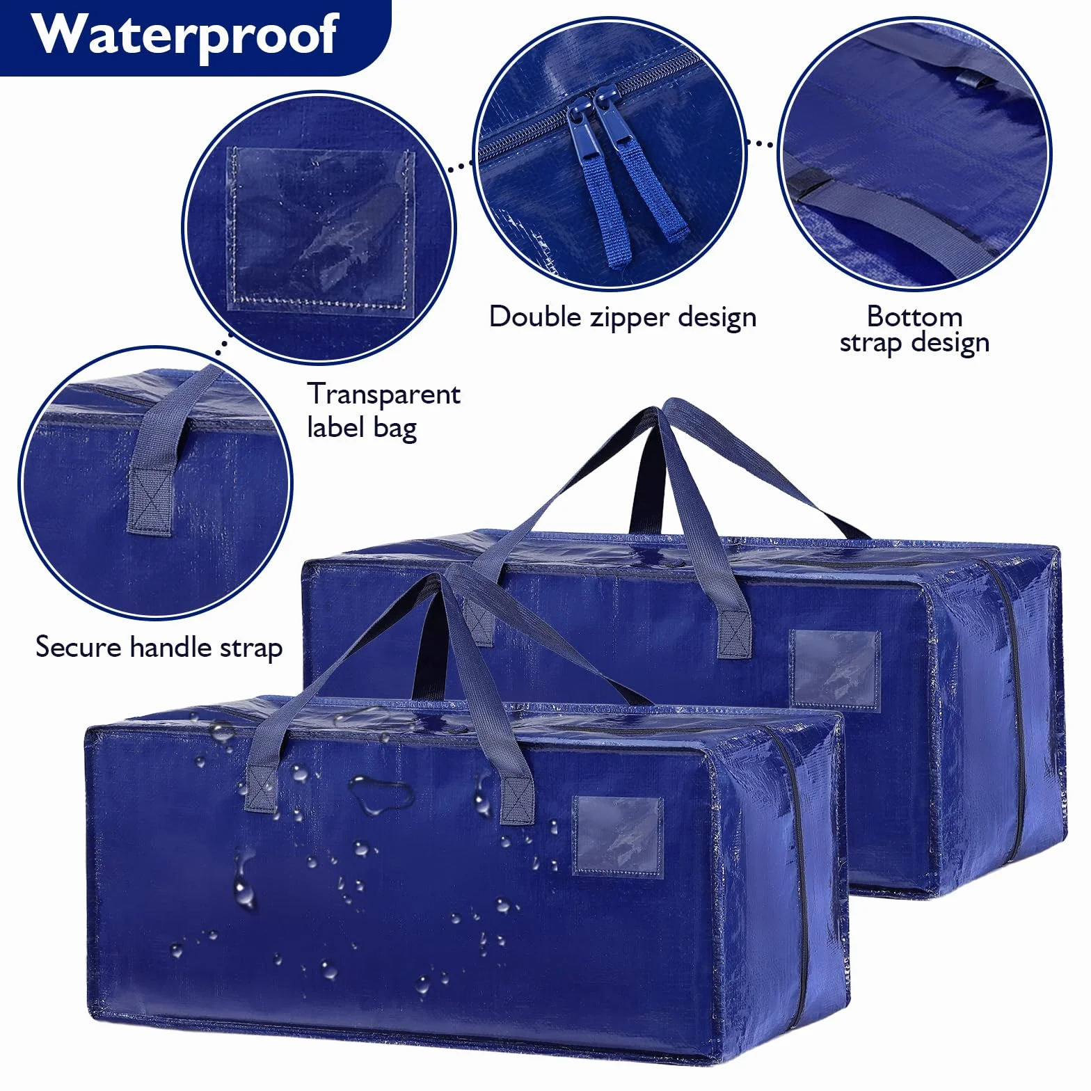 Pack de 6 Grande Bolsa de Almacenamiento de Poliéster, Impermeable Bolsas de Mudanza con Cremallera y Asa, Cajas de Mudanza de Gran Capacidad para Ahorrar Espacio y Embalar, Azul