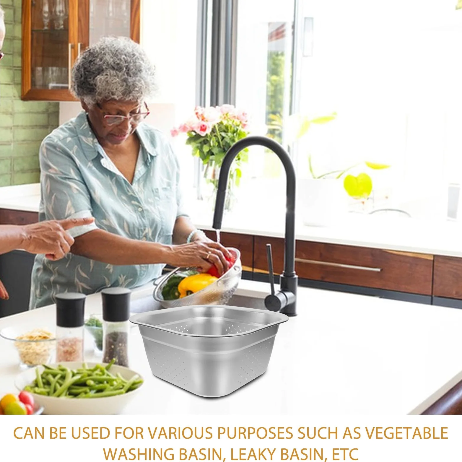 Colador de Acero Inoxidable Malla Fina y Gran Capacidad para Escurrir Verduras y Frutas en Cocina, Lavabo Cuadrado de 30 CM para Uso Doméstico y Profesional