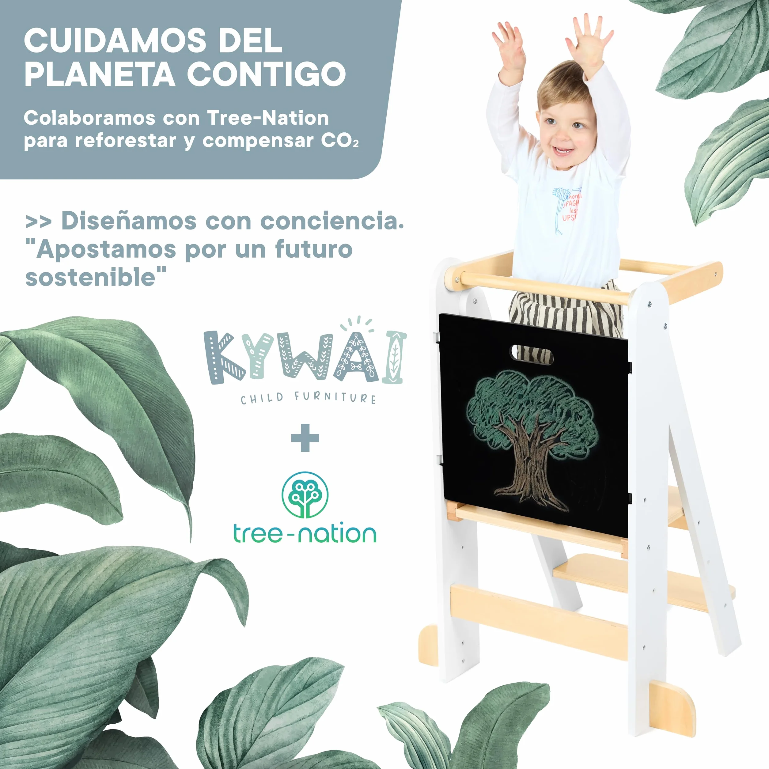 Torre de Aprendizaje Plegable Premium, Ajustable 2 Alturas, Diseño Nórdico con Pizarra Desmontable, Patas Anticaída