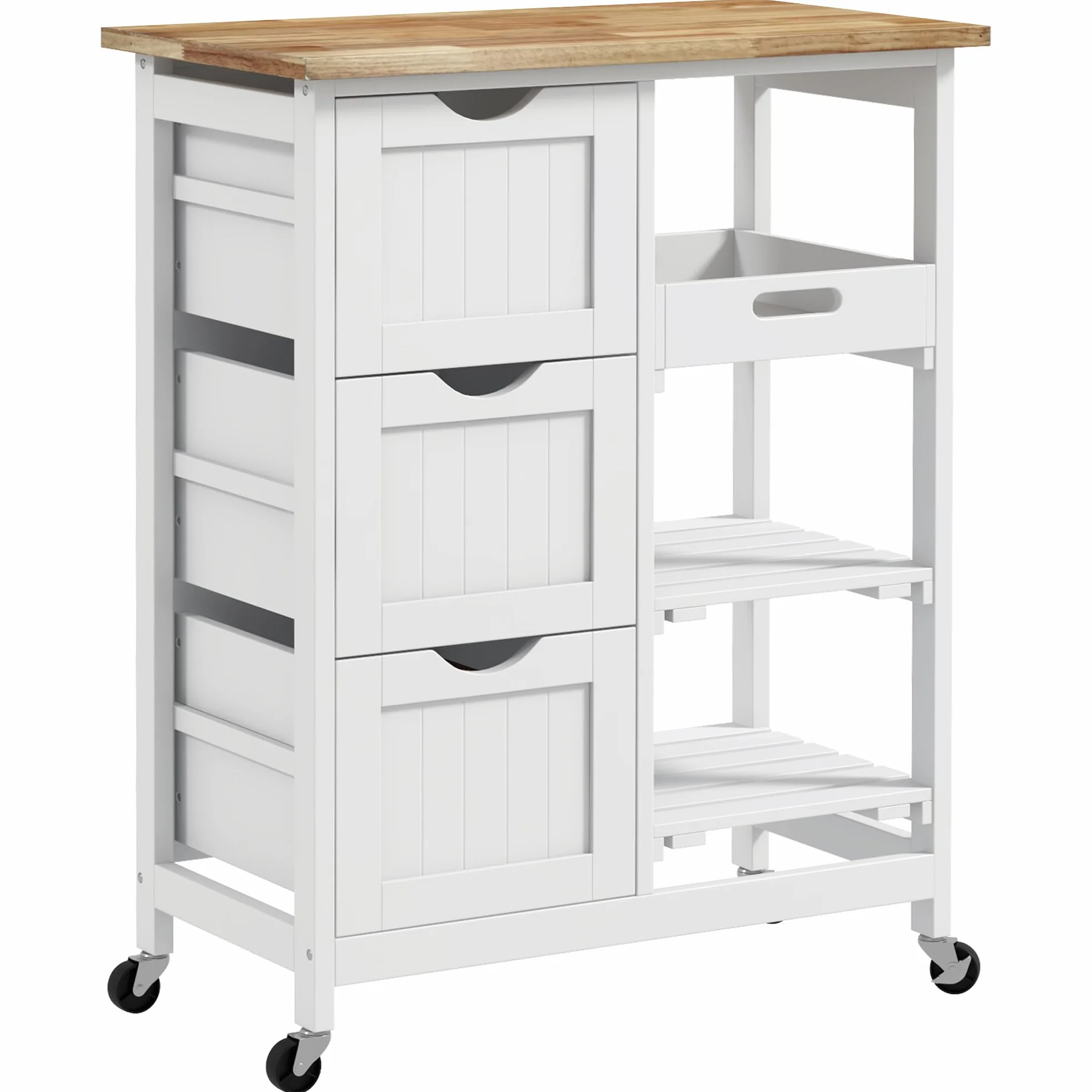 HOMCOM Carro de Cocina Carrito Auxiliar con Ruedas Tablero de Madera 3 Cajones 2 Estantes Abiertos y Bandeja Extraíble para Comedor Salón 67x37x85,5 cm Blanco
