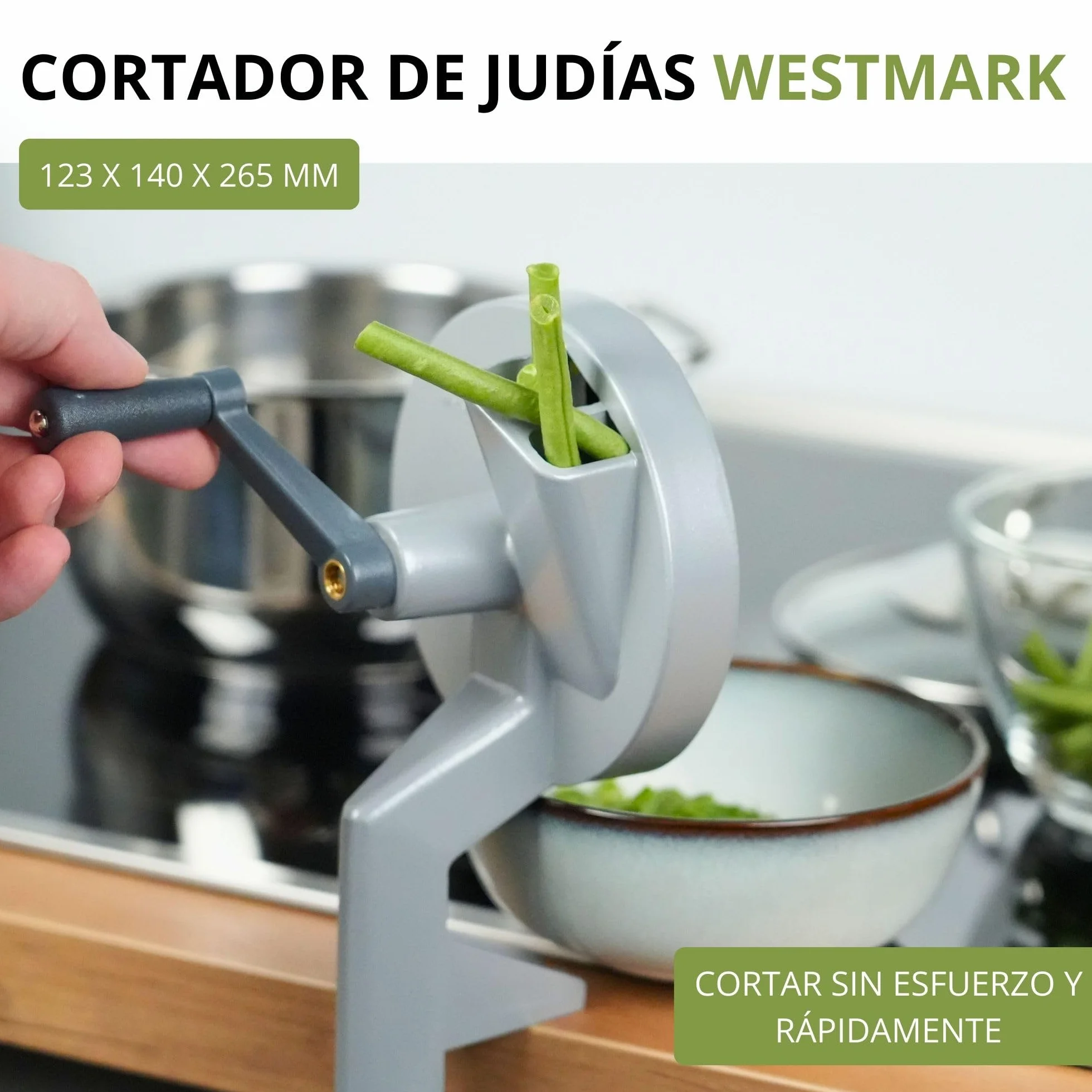 Westmark Cortador de judías con 2 aberturas de corte y abrazadera de tornillo para montaje en mesa, Cuchillo de acero inoxidable/carcasa de aluminio, Plateado, 11822260