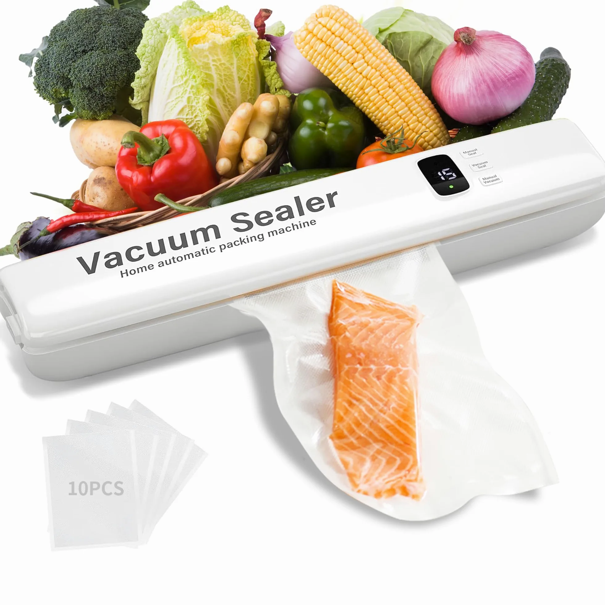 Envasadora al Vacio,Envasadora al Vacio Domestica,Con 10 bolsas de Sellado al Vacío, Sellador de Vacío Automático de un Solo Toque Para Alimentos, Pantalla Digital de Sellado al Vacío