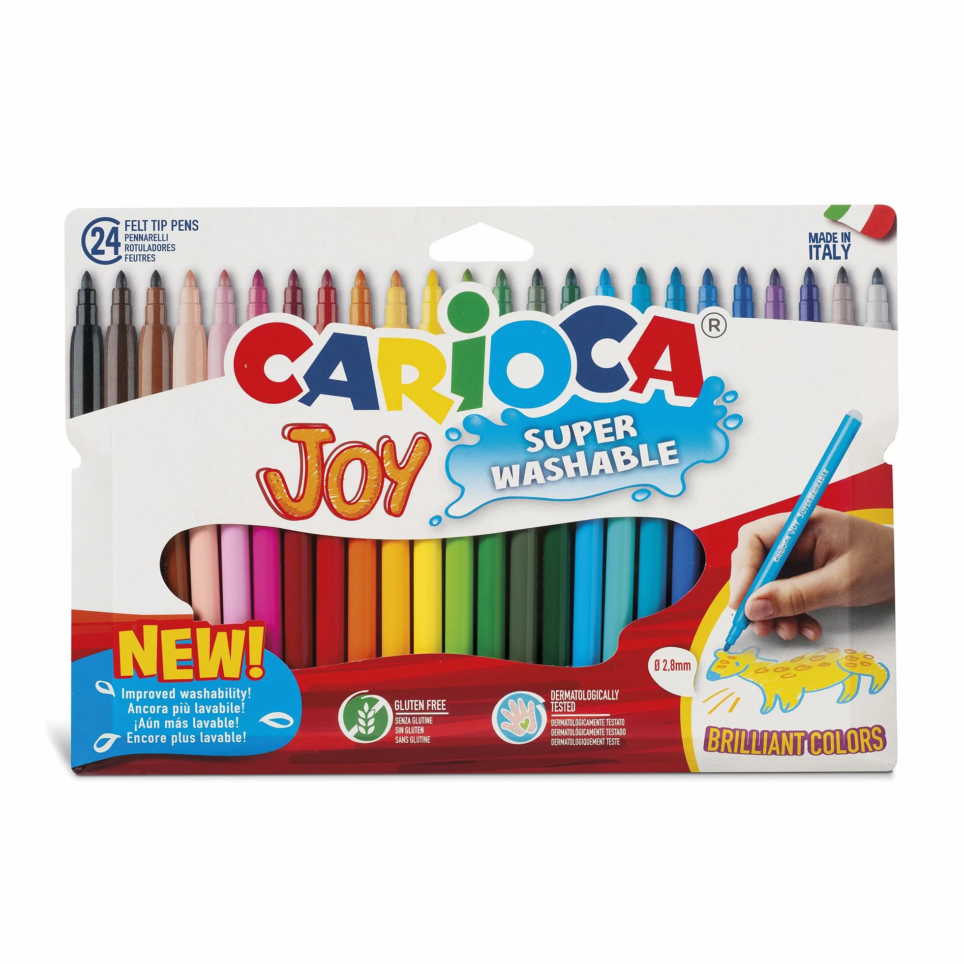 CARIOCA Joy | Caja de 24 Rotuladores de Punta Fina | Tinta Superlavable y No Tóxica | Punta de 2,8 mm de Gran Cobertura | Colores Brillantes | Ideal para Uso Escolar, Colorear y Manualidades