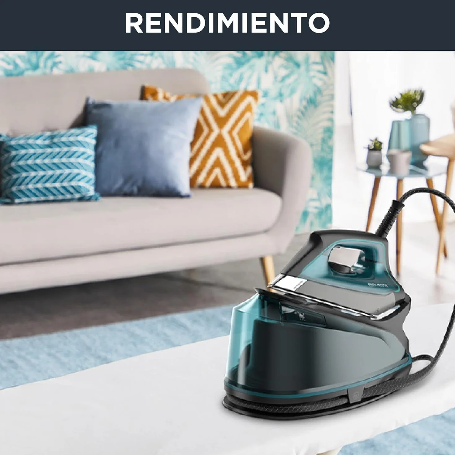 Rowenta Compact Steam Pro Centro de planchado, 6.3 bares de presión, golpe de vapor de 325 g/minuto, suela antiarañazos deslizante, sistema eco, Color Azul/Negro DG7623