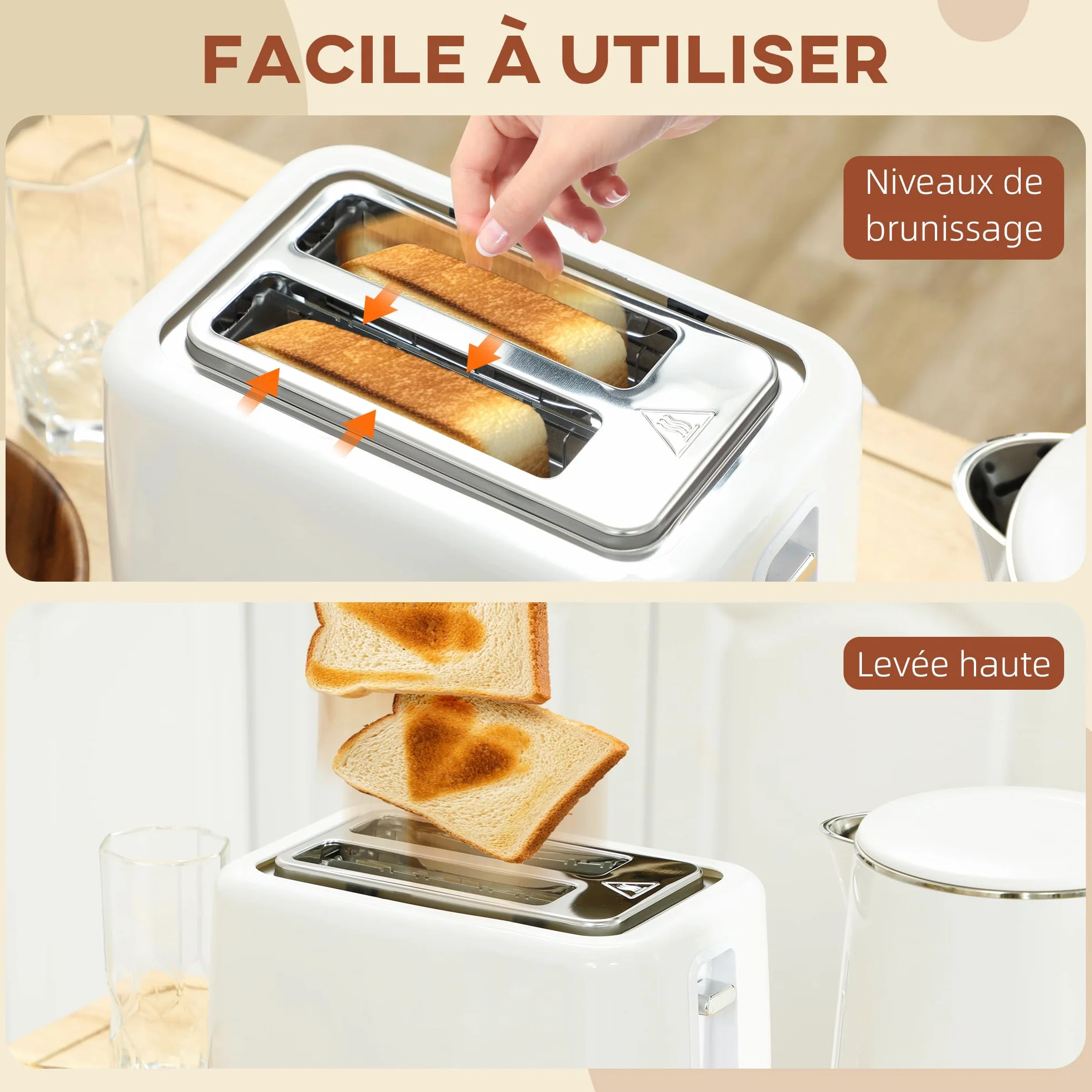HOMCOM Juego de hervidor y tostadora 2200 W, hervidor de Agua de Acero Inoxidable 1,5 L con Aislamiento y tostadora 2 rebanadas, 7 Niveles de bruñido, descongelación, recalentamiento y Bandeja para