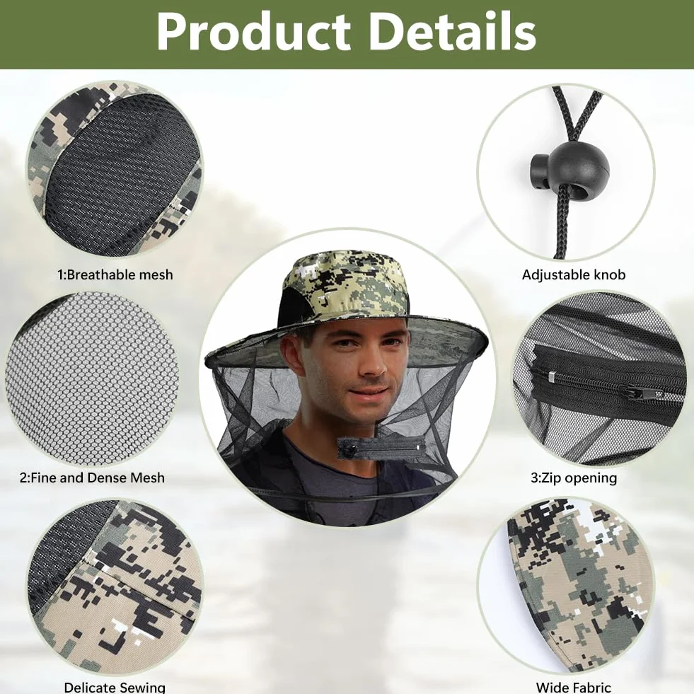 Sombrero Antimosquito, Mosca Máscara Sombrero con Cabeza Net Malla, Aire Libre Pesca Sombreros, Gorro Mosquitera Rostro y Cuello, Sombrero de Apicultura para Senderismo Aire Libre Camping Pesca