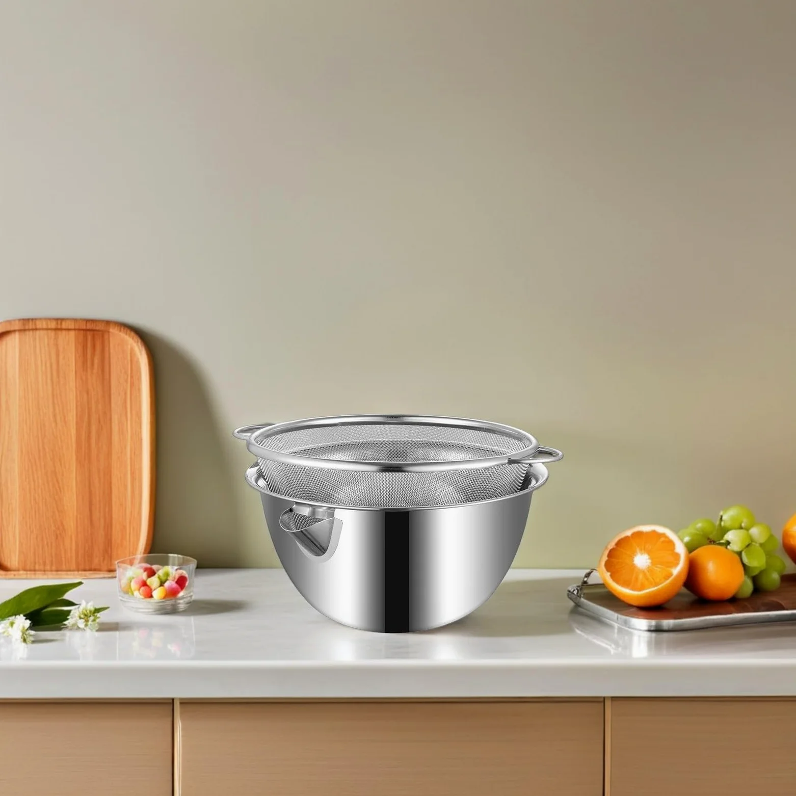 Colador de Acero Inoxidable con Función Integrada de Drenaje, Tazón Grande para Mezclar y Lavar Arroz, Adecuado para Cocina y Repostería, 1 Set Plata