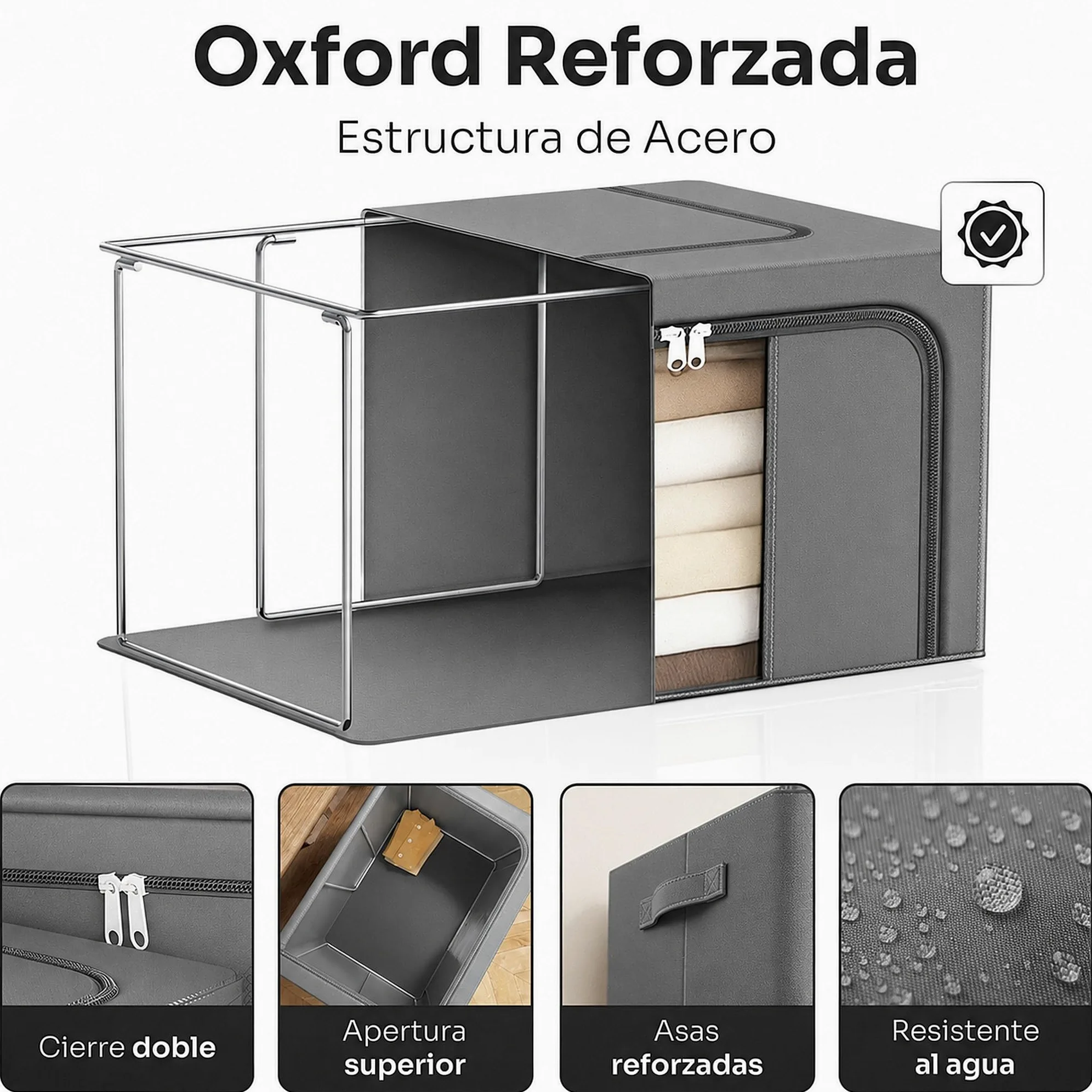 Cajas Almacenaje Ropa GRANDES Pack 2 · 66L (132L total) — Armario, Marco Metálico Rígido y Apilable, Plegable, Tela Oxford con Cremallera y Ventana Transparente Quitapelusas Incluido
