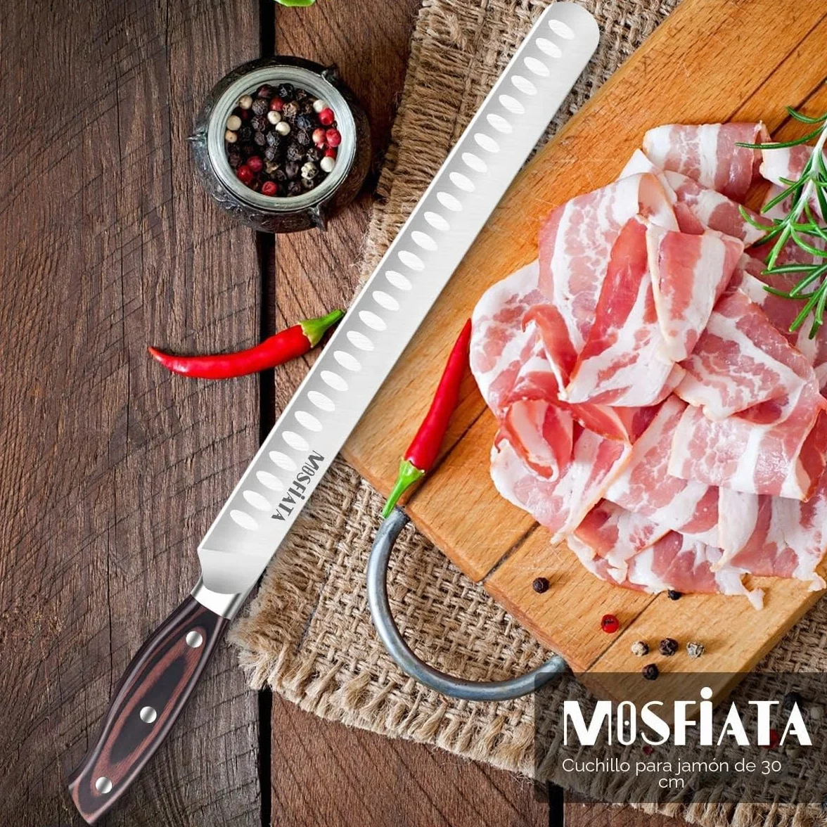 MOSFiATA Cuchillo Jamonero Profesional, Hoja Flexible y alveolada de Acero Inoxidable Forjado 300 mm, Mango Madera