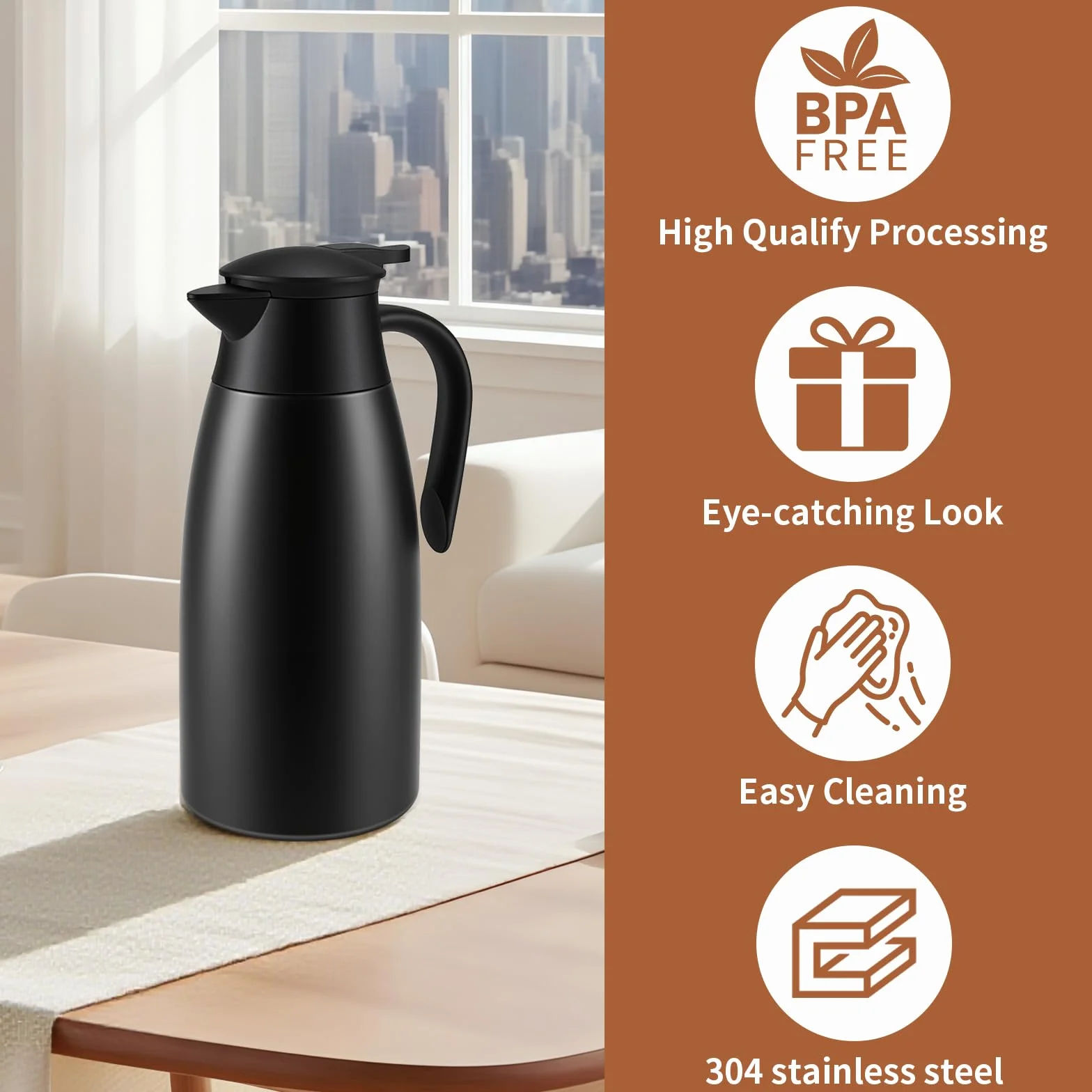 2 Litros Jarra Termo, Jarra Térmica se Acero Inoxidable 304, Termo con Aislamiento Térmico, Se Mantiene Caliente Durante 24 Horas Para Café, Té, Agua, Bebida (Black)