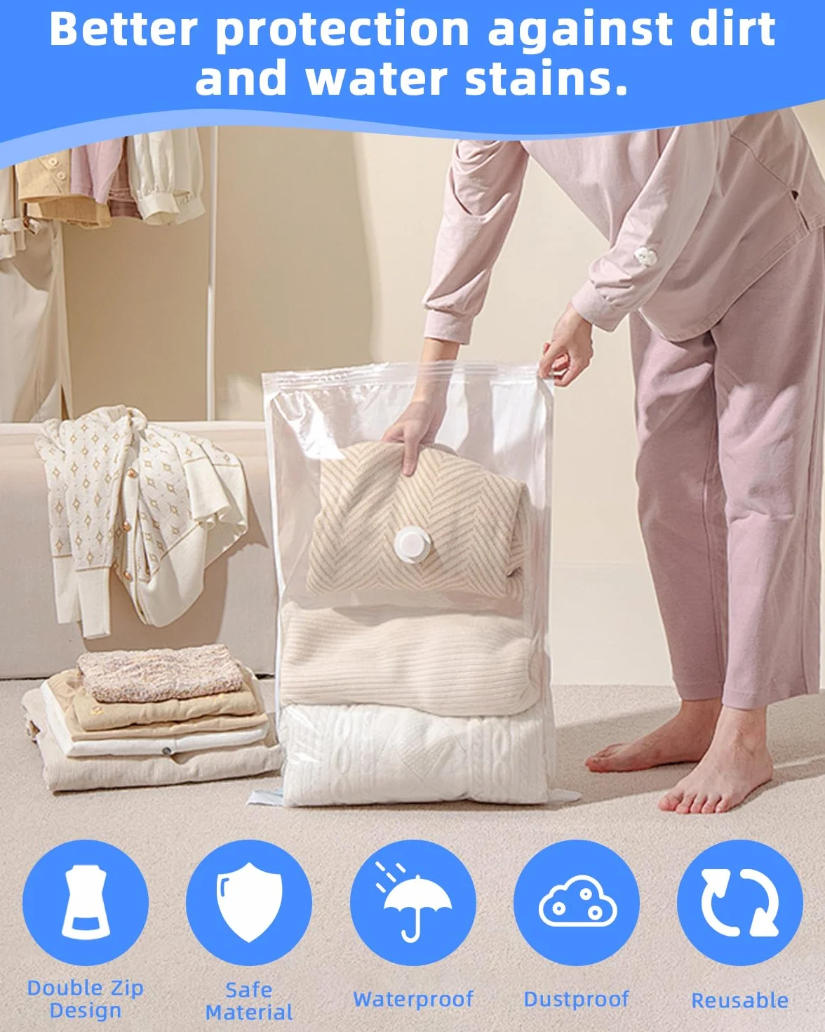 Bolsas de Vacío Ropa Bolsas Vacio Ropa con Bomba Eléctrica Bolsas Almacenaje (2 extragrandes 2 grandes 2 medianas y 2 pequeñas) para Edredón Almohada Manta Viajes Mudanzas
