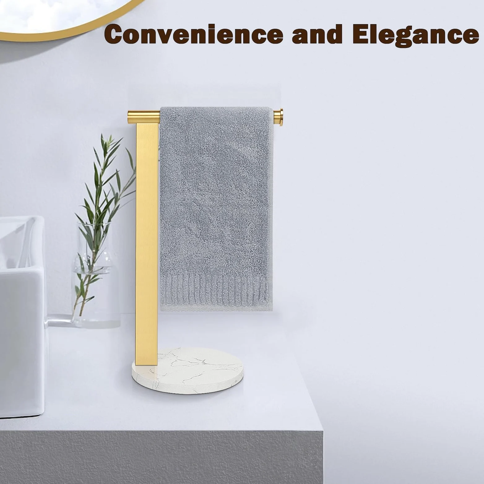 Toallero para toallas de mano para baño, toallero de pie en forma de L, organizador de encimera de tocador o cocina, material de acero inoxidable SUS304, base de mármol, dorado