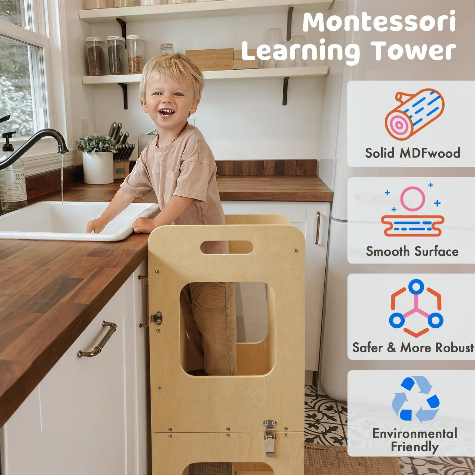 Labebe Montessori Torre per Bambini 3 in 1 Pieghevole Didattica Scala Sgabello con Lavagna Legno da 1 Anno