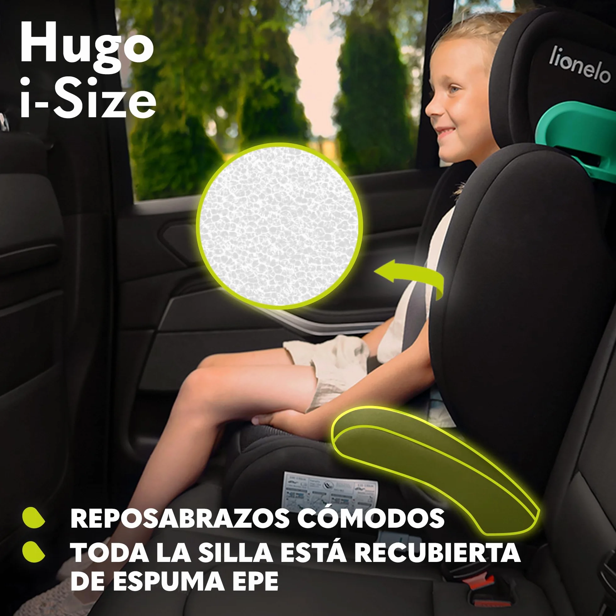 LIONELO HUGO I-SIZE Silla de coche para bebés, Grupo 2 3, de 100 cm a 150 cm Montaje ISOFIX Reposacabezas Memory Foam ajustable Protección lateral Reposabrazos cómodos Respaldo extraíble