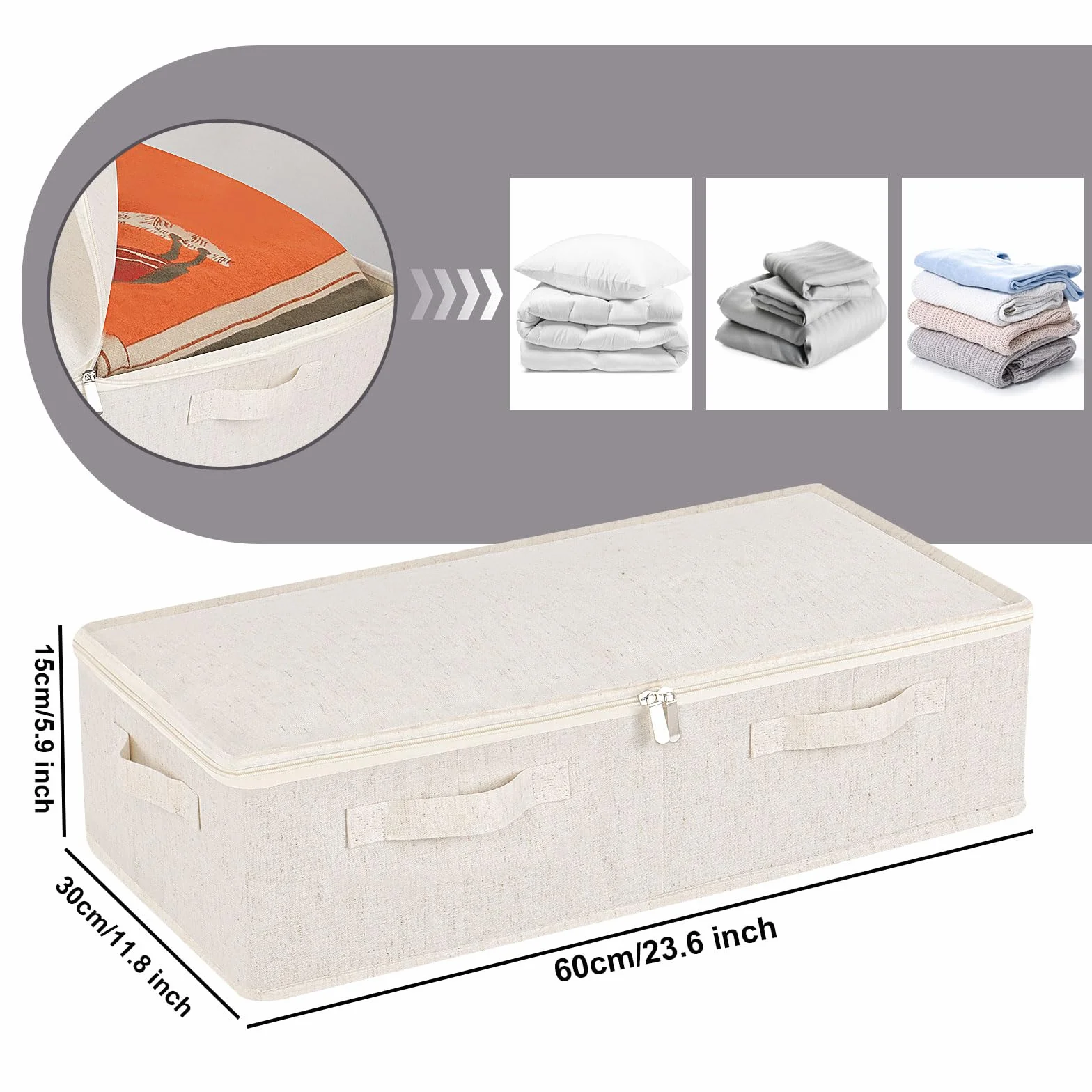 2 Piezas Cajas de Almacenamiento Plegable Bajo la Cama, Organizadora de Almacenamiento de Tejidos con Mango, Para Colchas, Ropa, Mantas y Zapatos, 60×30×15cm, Beige
