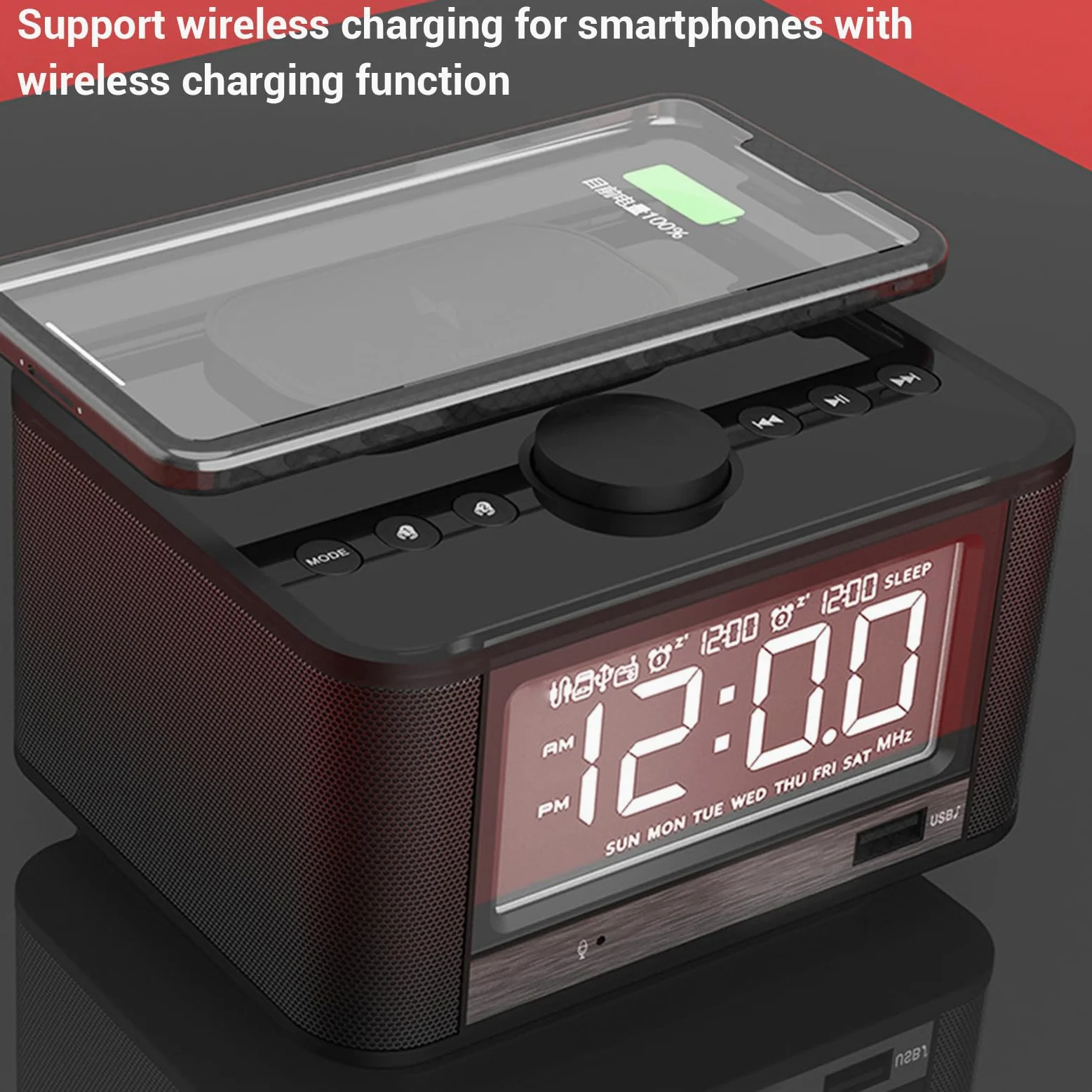 Goshyda Altavoz Bluetooth con Carga Inalámbrica, Radio Despertador para Dormitorios, Reloj Digital Regulable con Estación de Carga de Radio FM, Tarjeta de Memoria y Reproducción (Enchufe de la UE)