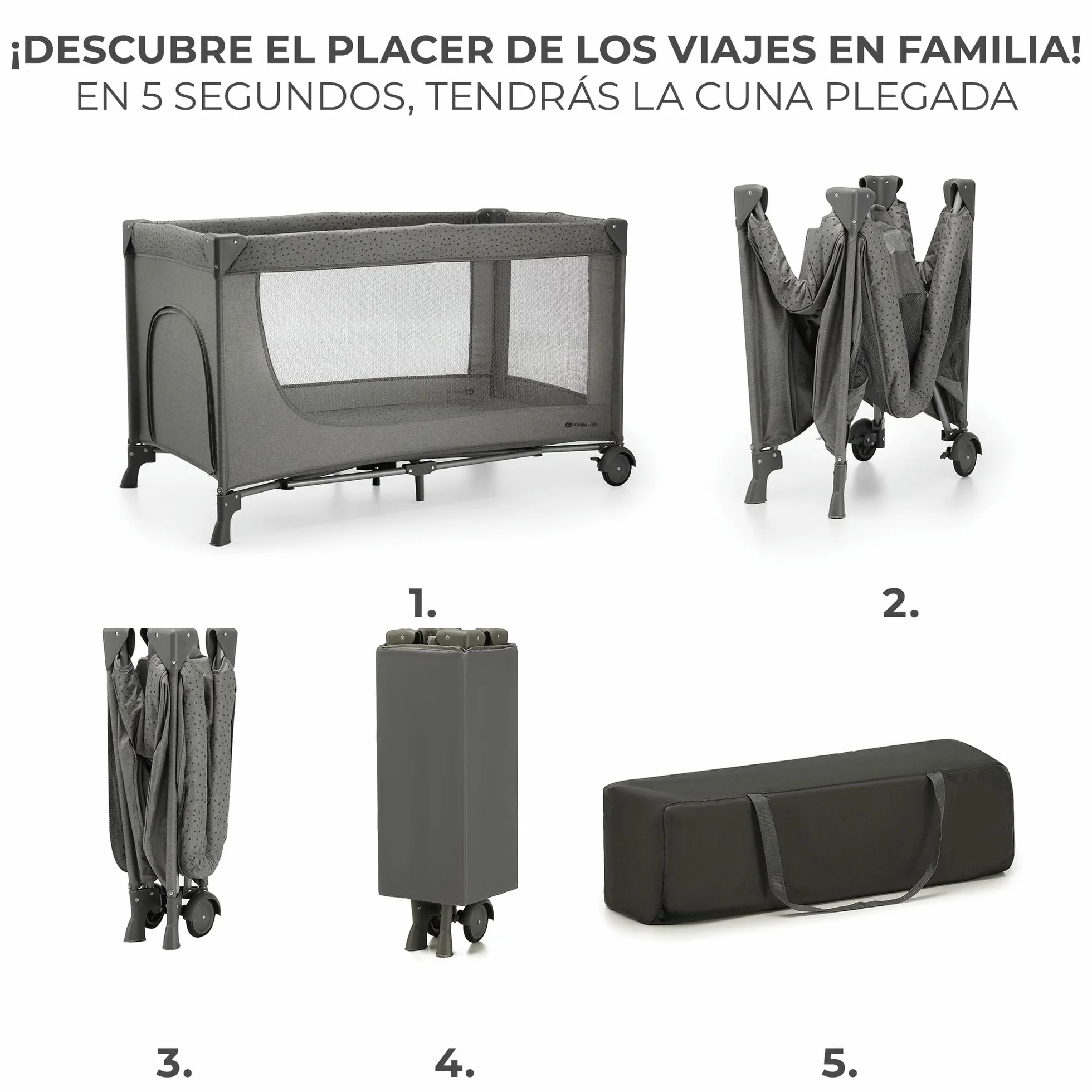 Kinderkraft Joy 2 Cuna de Viaje 3 en 1 para Bebé hasta 25 kg, Plegado rápido, Entrada Lateral, Gris