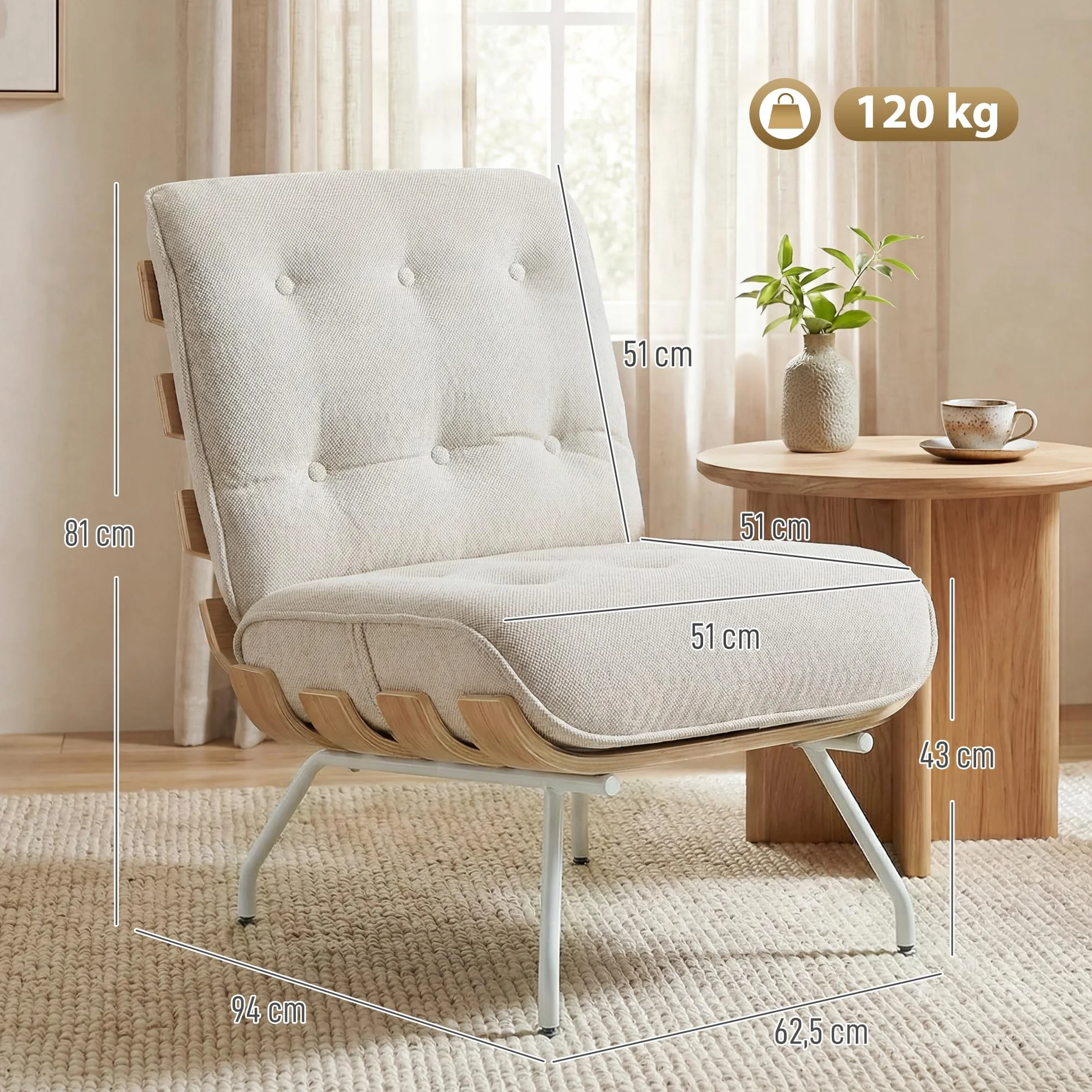 HOMCOM Butaca de Salón, Tapizado en Lino, Sillón Lectura con Asiento Acolchado, Soporte con Listones, Estructura de Acero, Butaca para Sala de Estar, Dormitorio, Crema