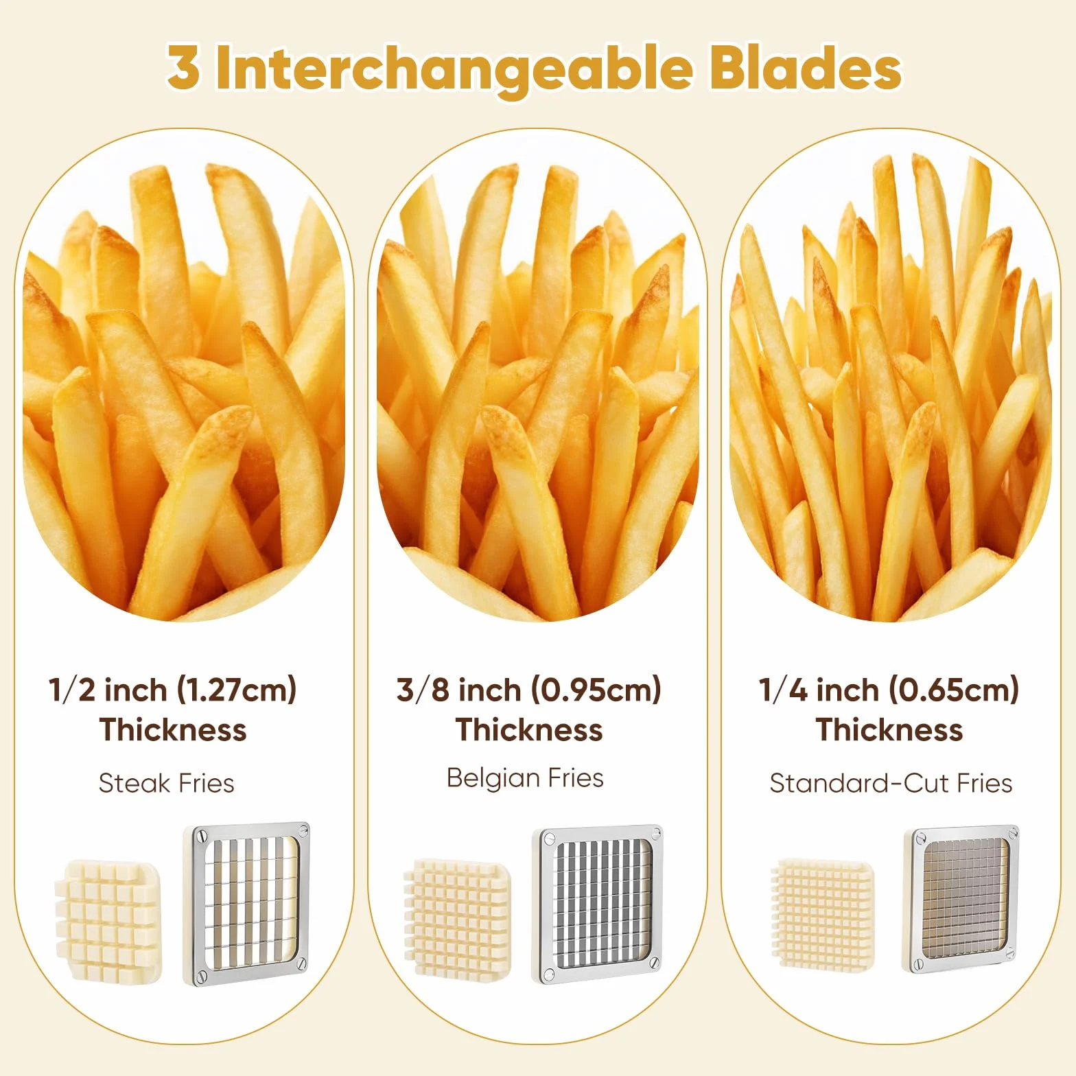 cortador de patatas manual con 1/2",3/8",1/4" cuchilla,profesional cortador patatas fritas equipado 4 ventosa para restaurante casero patatas enteras, zanahorias, pepinos, cebollas