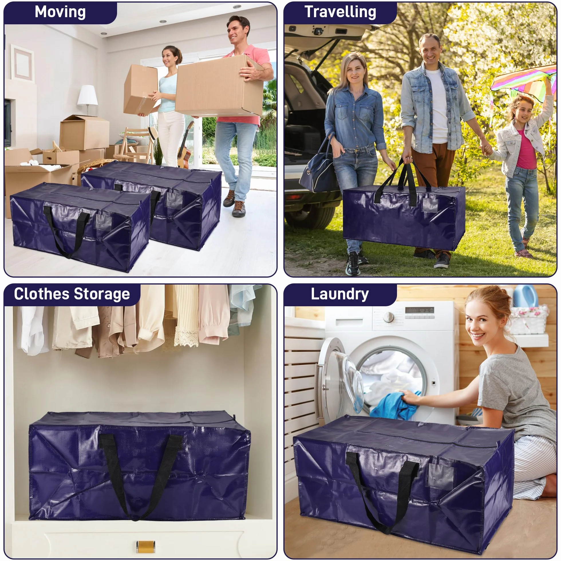4Pc Bolsa Mudanza Grande, 92L Bolsa Almacenaje, PP Resistente al Agua Bolsa de Transporte, Servicio Pesado Bolsas Grandes para Guardar Ropa, Cremallera Compacta Bolsas de Mudanza Extragrandes