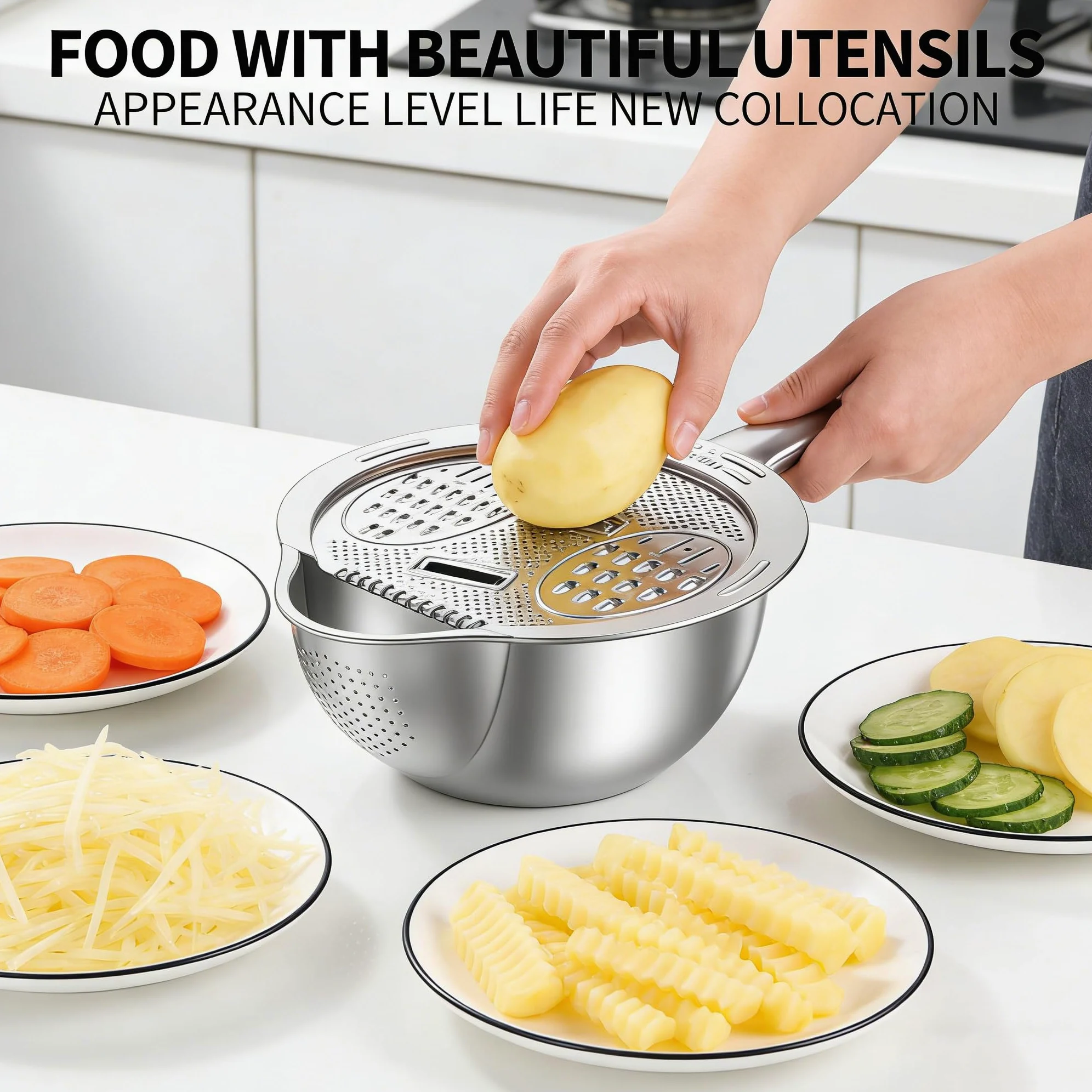 Modern Homes Kitchen Tool - Lavadora de arroz, colador de acero con rallador para drenar agua, cortar y rebanar, triturar arroz