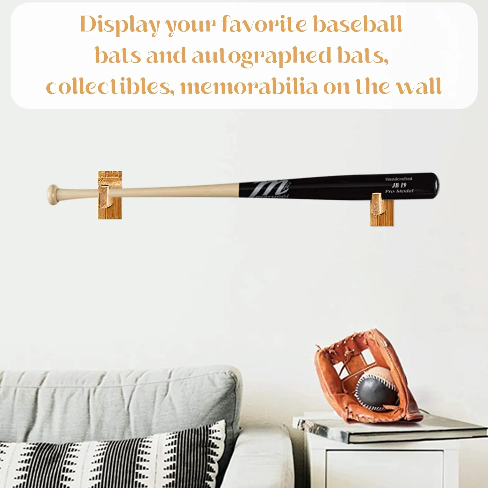 Soporte de Bate de Béisbol de Madera Maciza, Pantalla Horizontal, 2 Piezas, con Forro de Fieltro