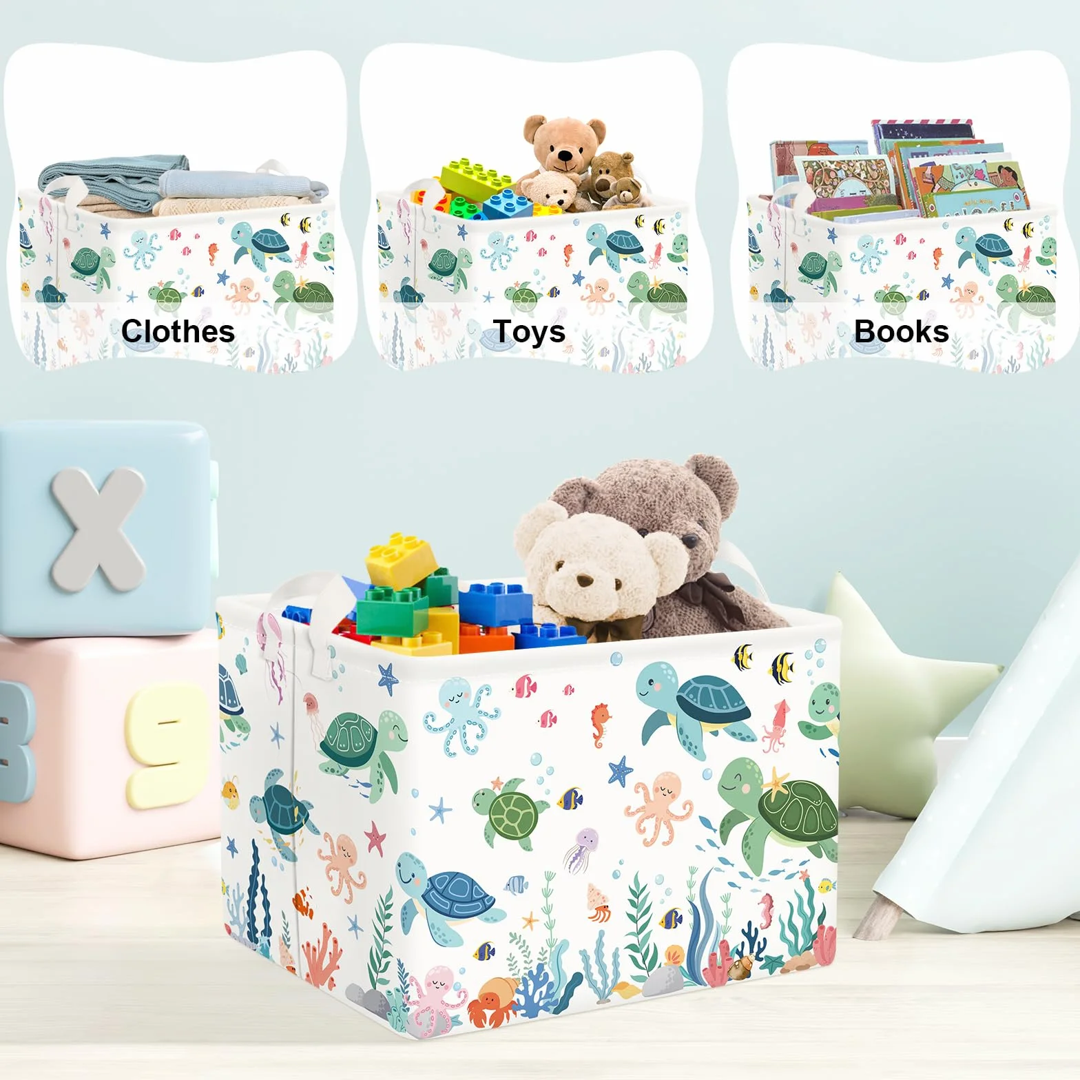 Clastyle Cestos Almacenaje Animal Marino Cajas de Almacenaje Plegable Padres Ropa para Juguete Ropa Cesta Ropa Sucia para Baño, Tortuga Verde, 40x30x30 cm
