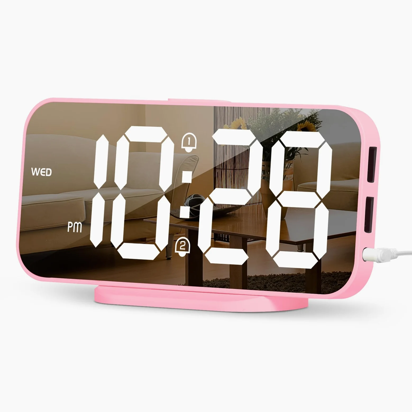 ALANAS Reloj despertador digital, alarmas duales con repetición, ajuste de brillo, 2 puertos de carga USB para teléfono celular, 12/24 horas, reloj despertador enchufable con batería de respaldo