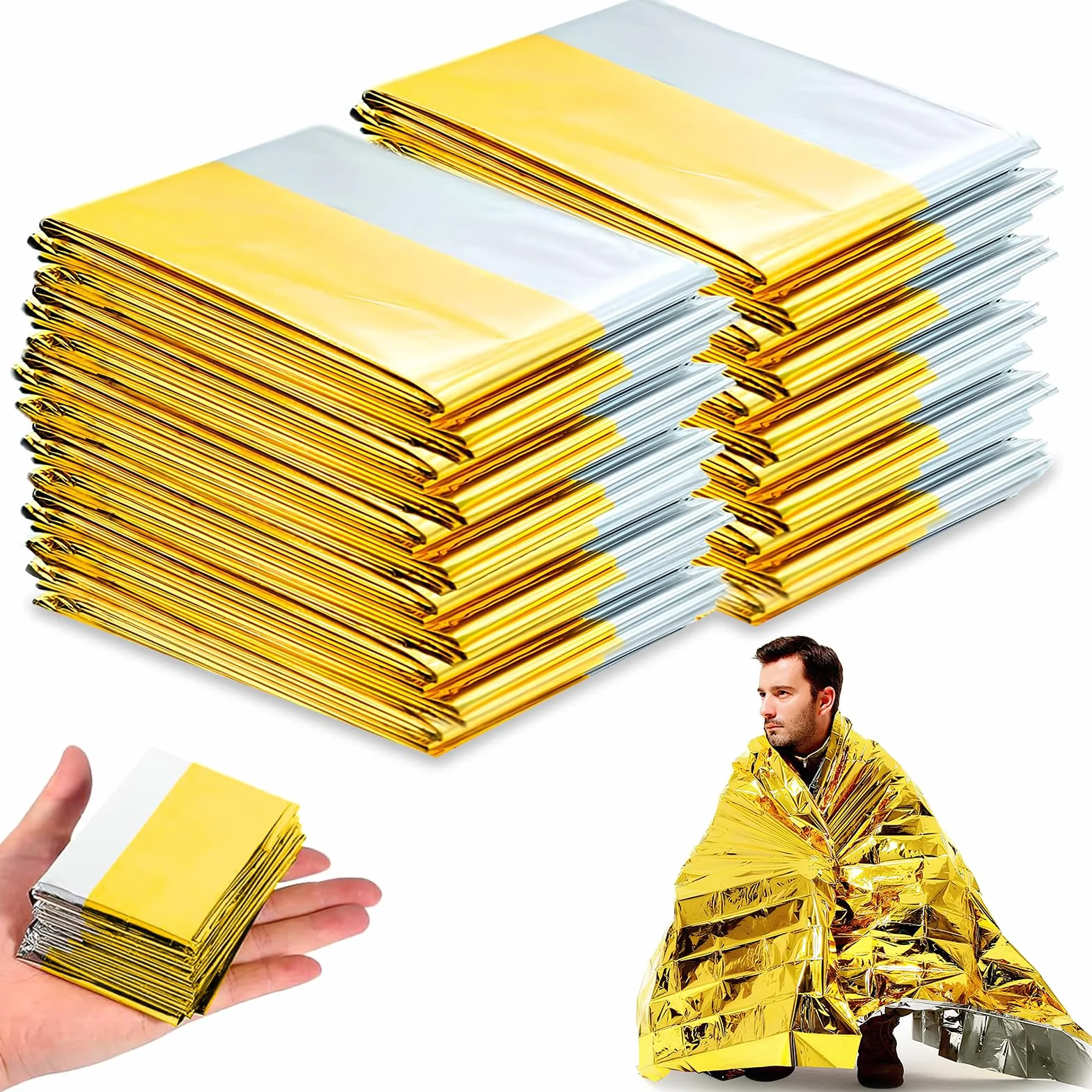 Manta Térmica de Emergencia 10 Piezas, Aluminio Dorado y Plateado 210×160 cm, Supervivencia Rescate