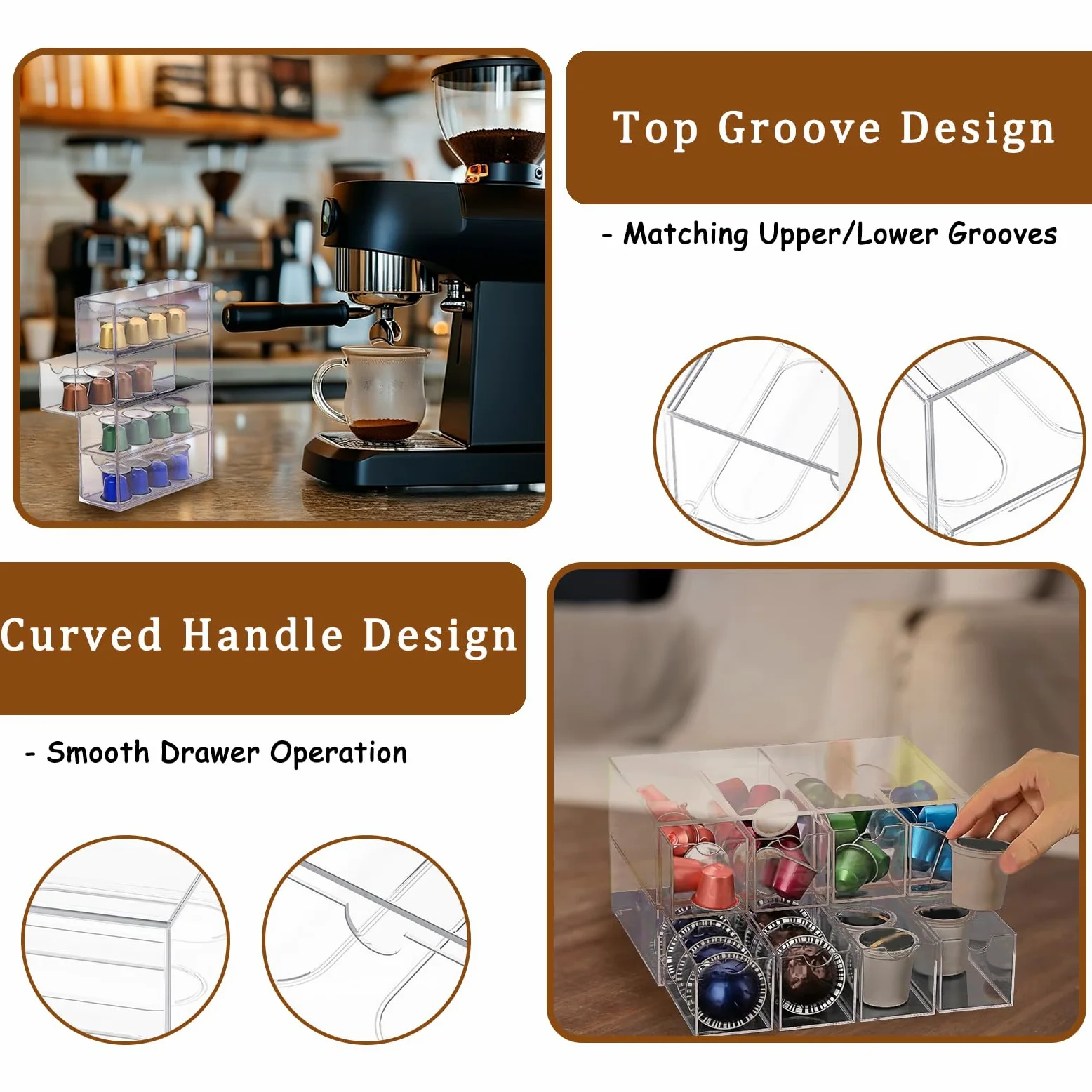 Juego de 2 cápsulas de café, soporte transparente para cápsulas de café, almacenamiento acrílico con 4 cajones, cápsulas de café de cocina y soporte para paquetes de azúcar con tapa, pequeño cajón
