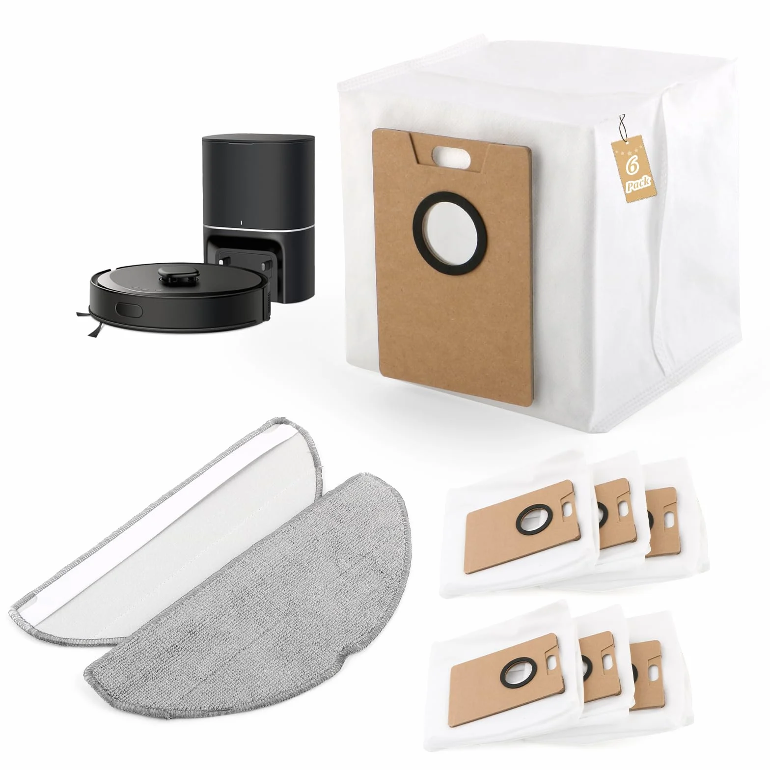 6 Bolsas de Polvo 2 Mopas de Fregado para Tapo RV30 Max Plus/ RV20 Max Plus Bolsas de Aspiradora Pano de Esfregona Accesorios