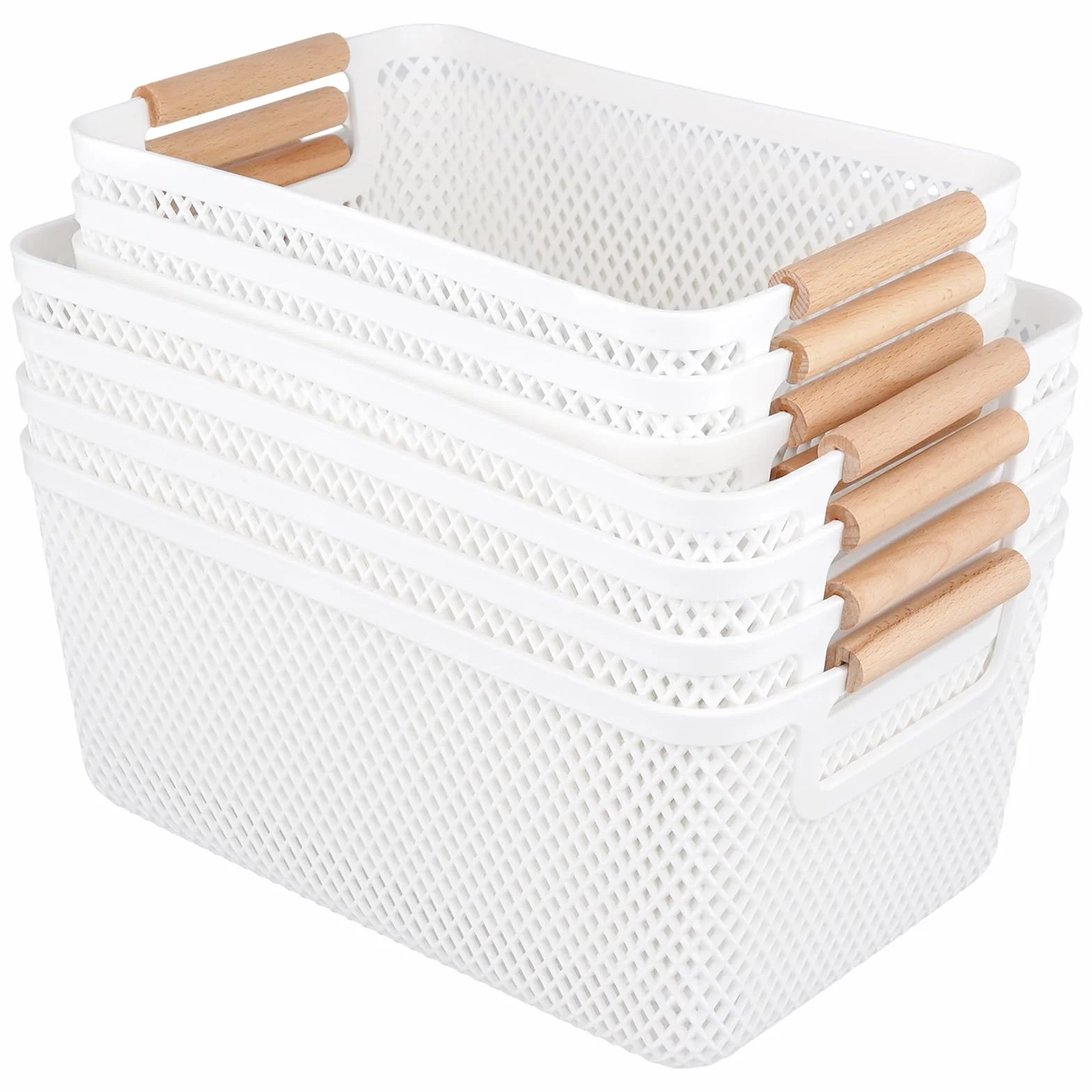 8 cajas de almacenamiento blancas sin tapa de plástico, con asas de madera maciza y laterales ventilados, organizadores para baño, cocina, hogar y lavandería