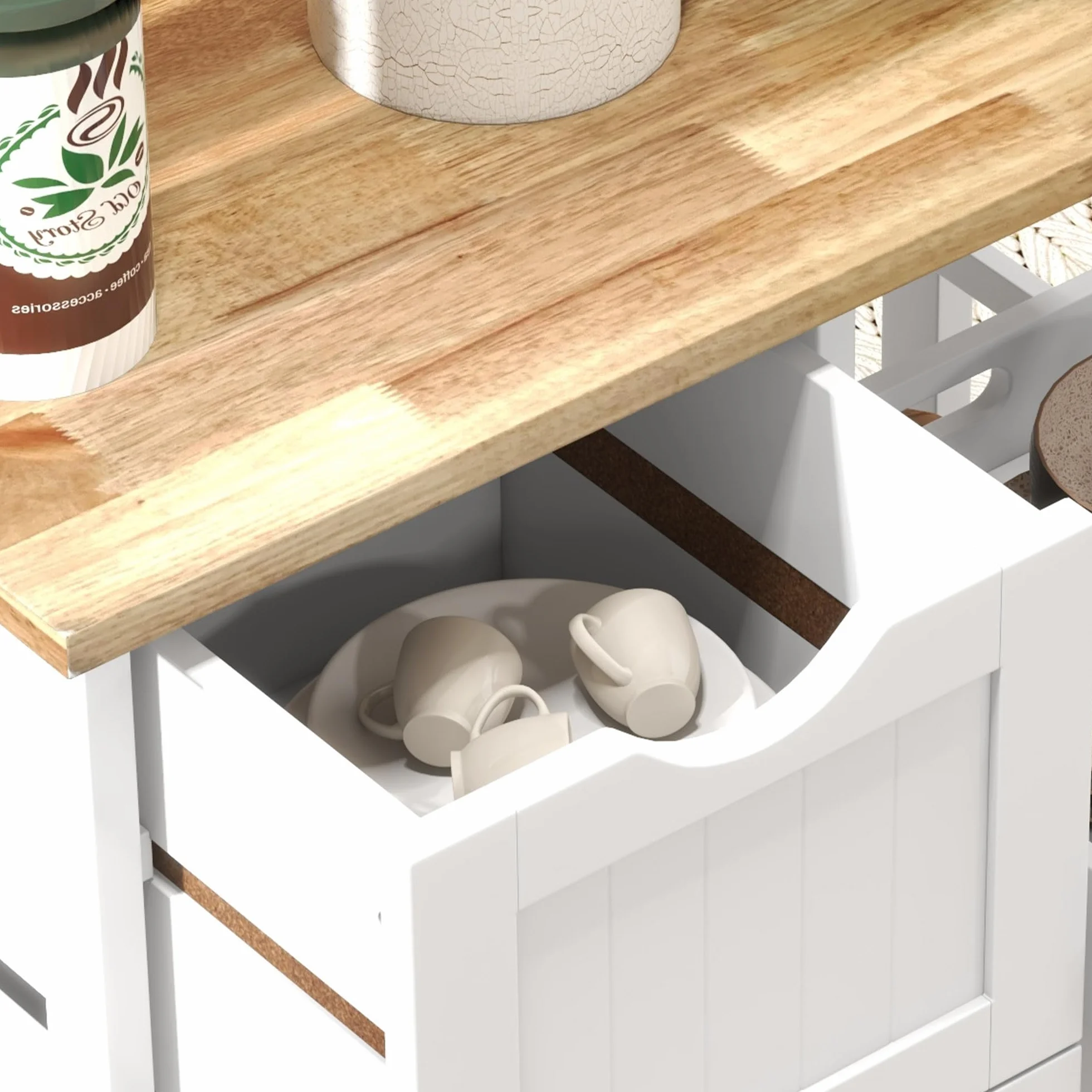 HOMCOM Carro de Cocina Carrito Auxiliar con Ruedas Tablero de Madera 3 Cajones 2 Estantes Abiertos y Bandeja Extraíble para Comedor Salón 67x37x85,5 cm Blanco