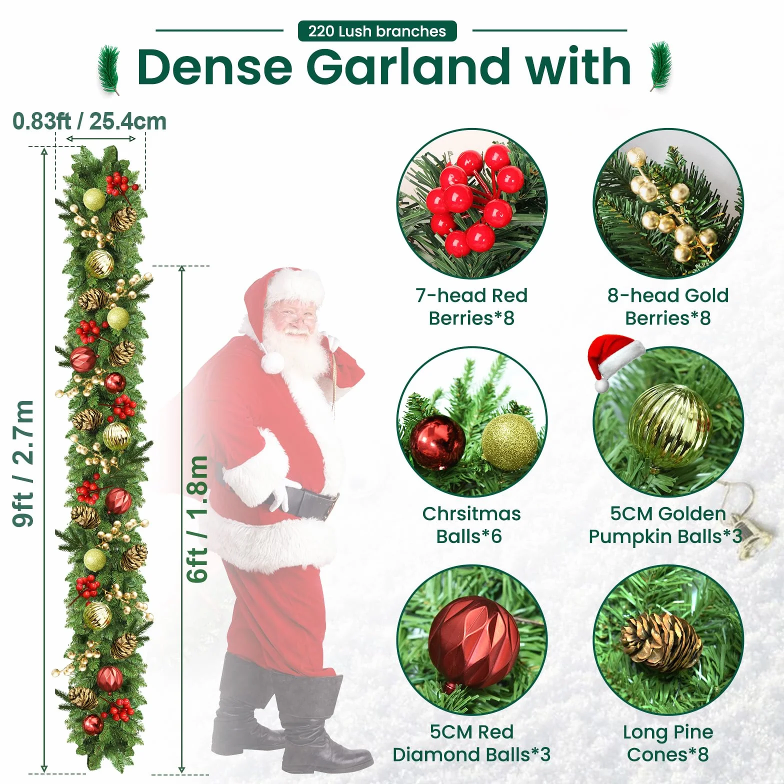 Guirnalda Navidad, 2,7m 30LED Guirnaldas Navideñas con Luces, Navidad Decoración, Adornos Navideños, Decoracion para Exterior, Escaleras, Chimenea, Puerta de Entrada Patio y Jardín