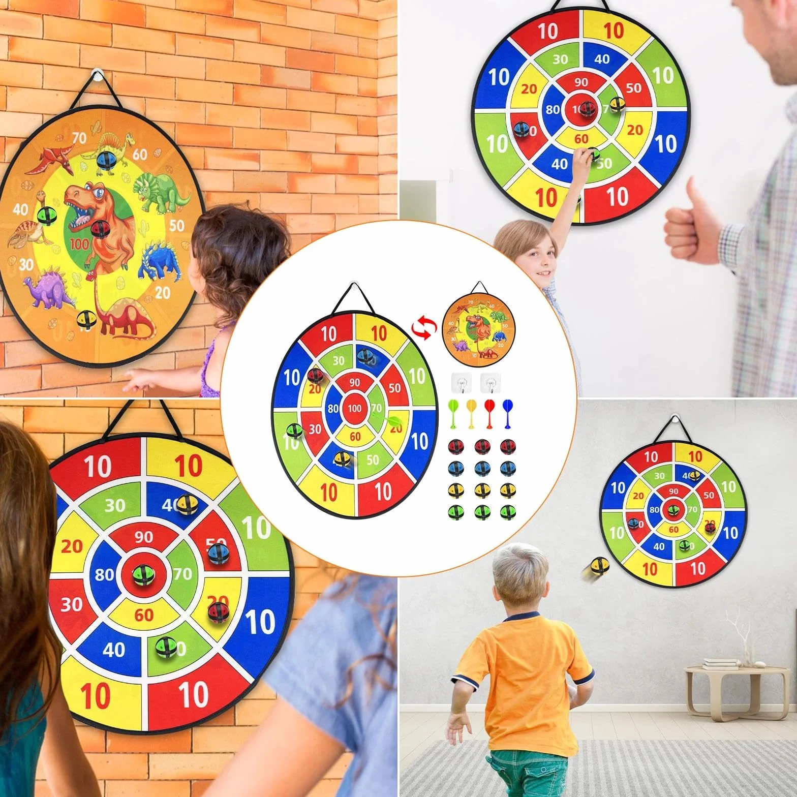 Tablero de Dardos Infantil con 12 Bolas y 4 Dardos, Juego de Dardos Plegable Doble