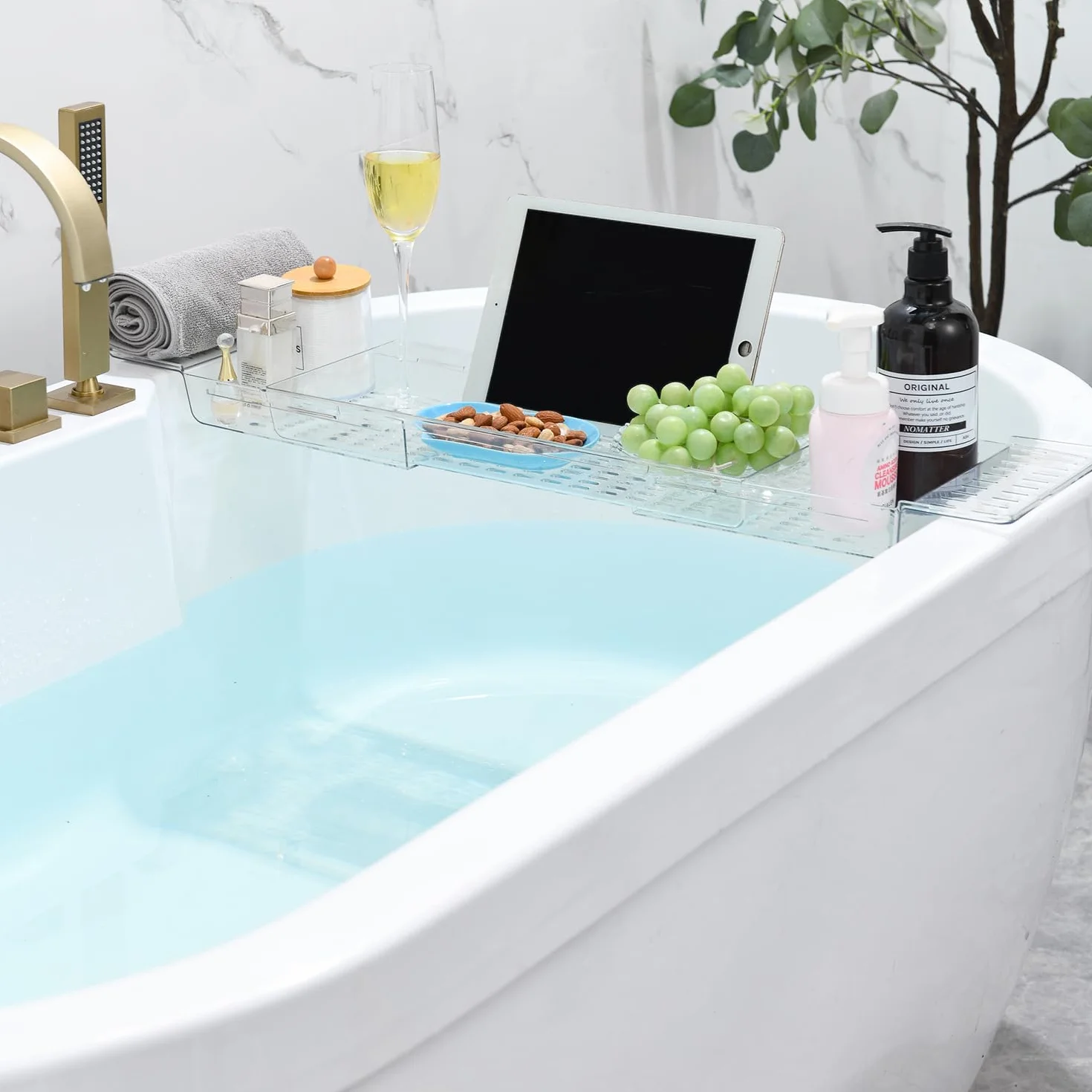 Bandeja para Bañera Acrílica Extensible - Estante Ajustable para Bañera para Copa de Vino, Velas, Libros y Productos de Baño - Organizador de Baño Resistente al Agua - Transparente