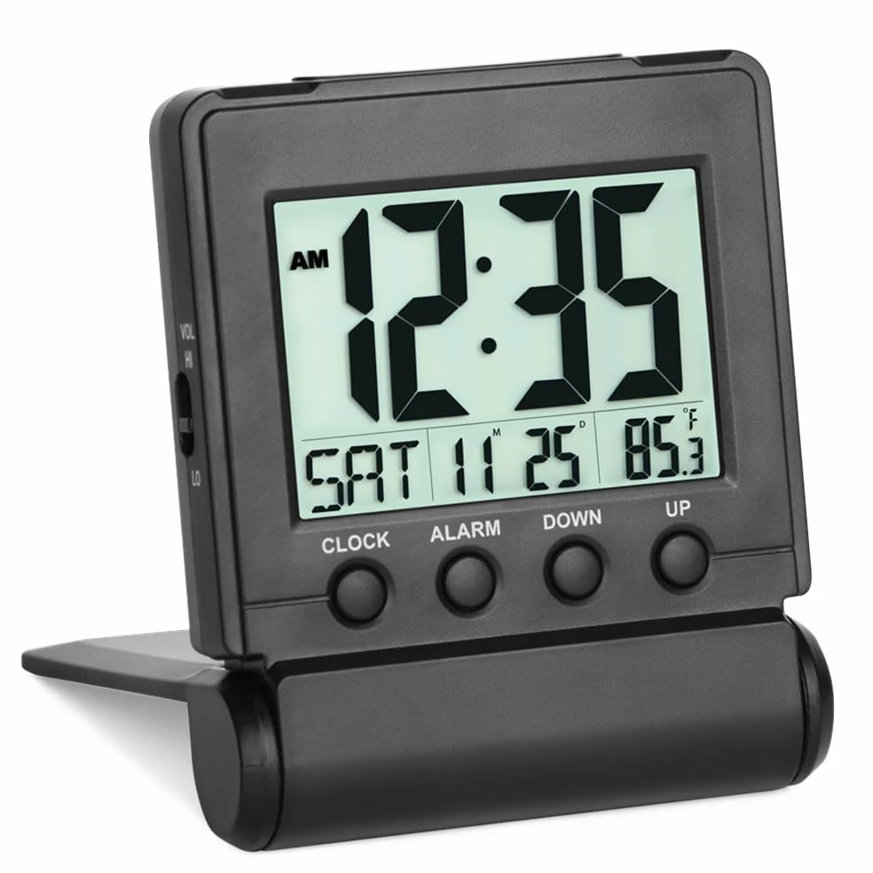 FAMICOZY Reloj despertador plegable con calendario, color negro