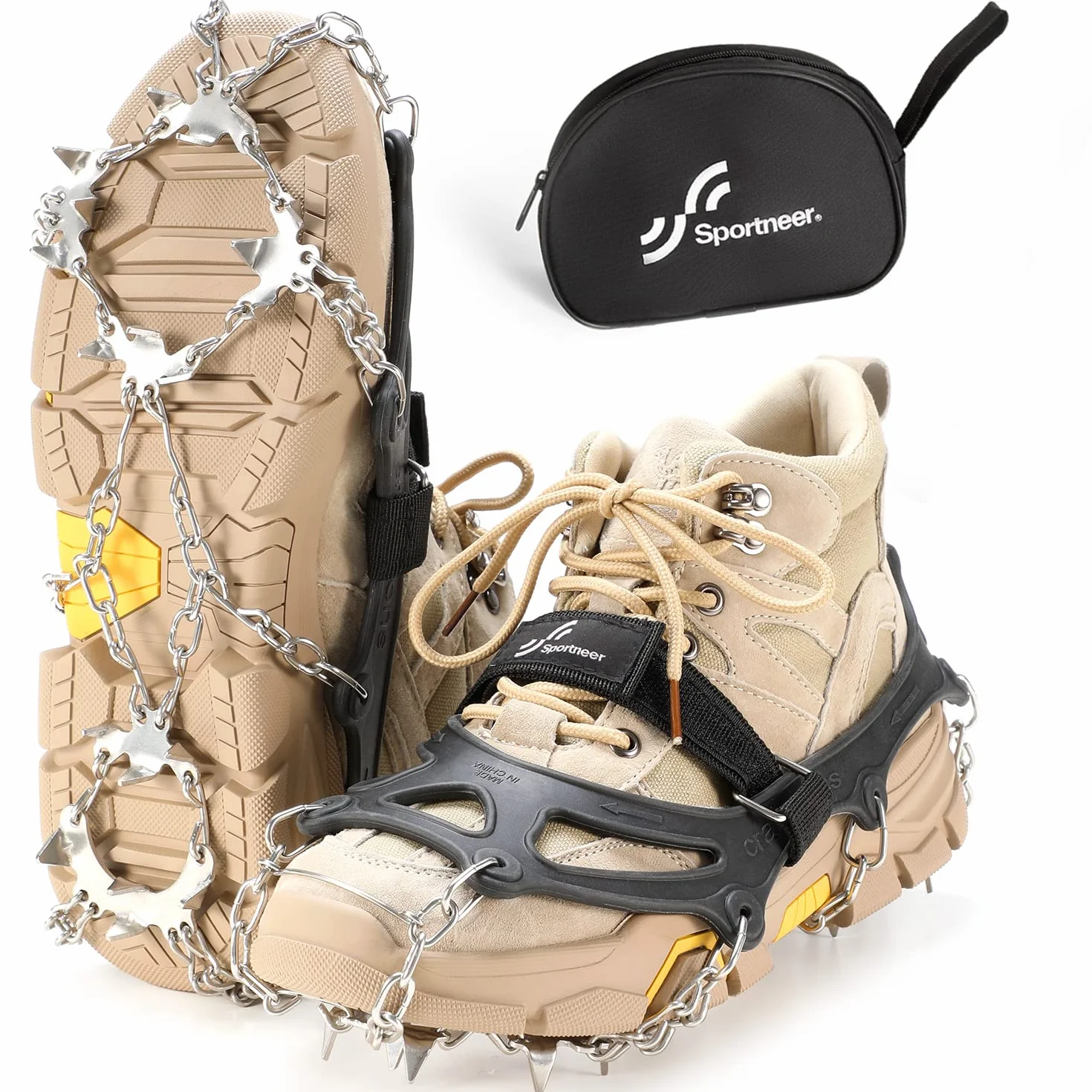 Sportneer Crampones 19 Dientes Tacos de Tracción Nieve y Hielo para Montañismo Escalada Senderismo, Negro, M