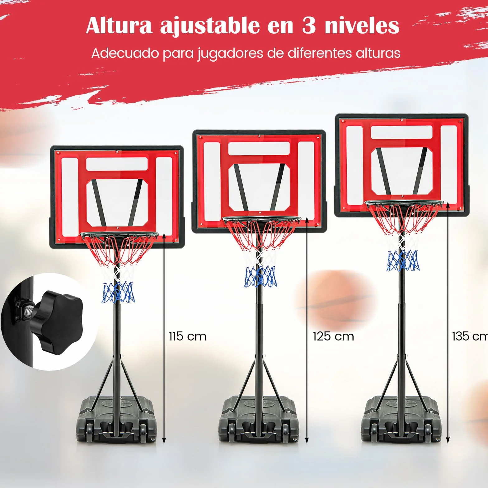 COSTWAY Canasta de Baloncesto Exterior, Altura Ajustable 115-135 cm, Aro con Ruedas para Niños y Adultos
