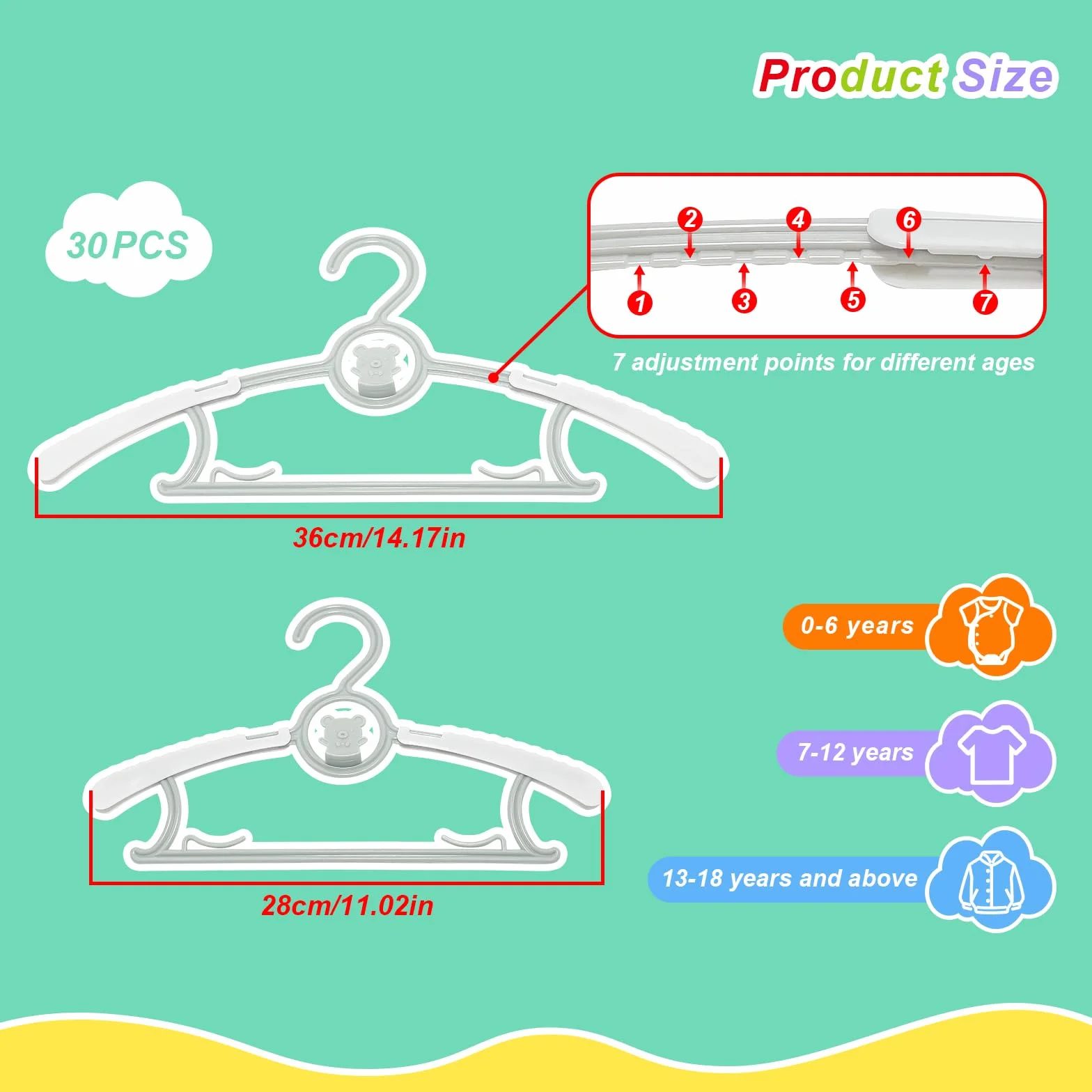 Perchas Infantiles Apilables con Ganchos de Osito, 28-36cm Ajustables para Bebés, Plástico Antideslizantes, Ahorro de Espacio