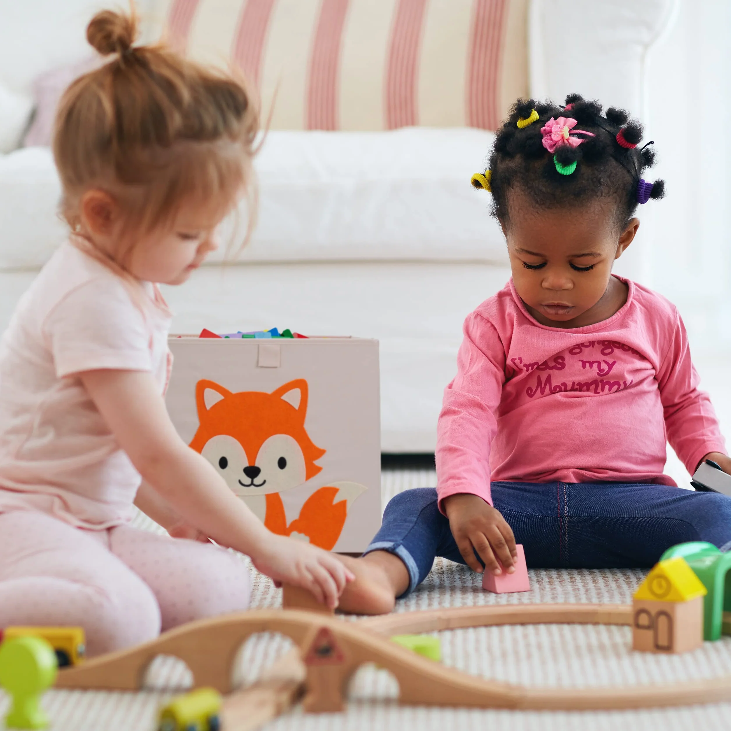 Relaxdays Caja Infantil Almacenaje Juguetes Zorro, Cesta Tela, 33x33x33cm, Beige/Naranja